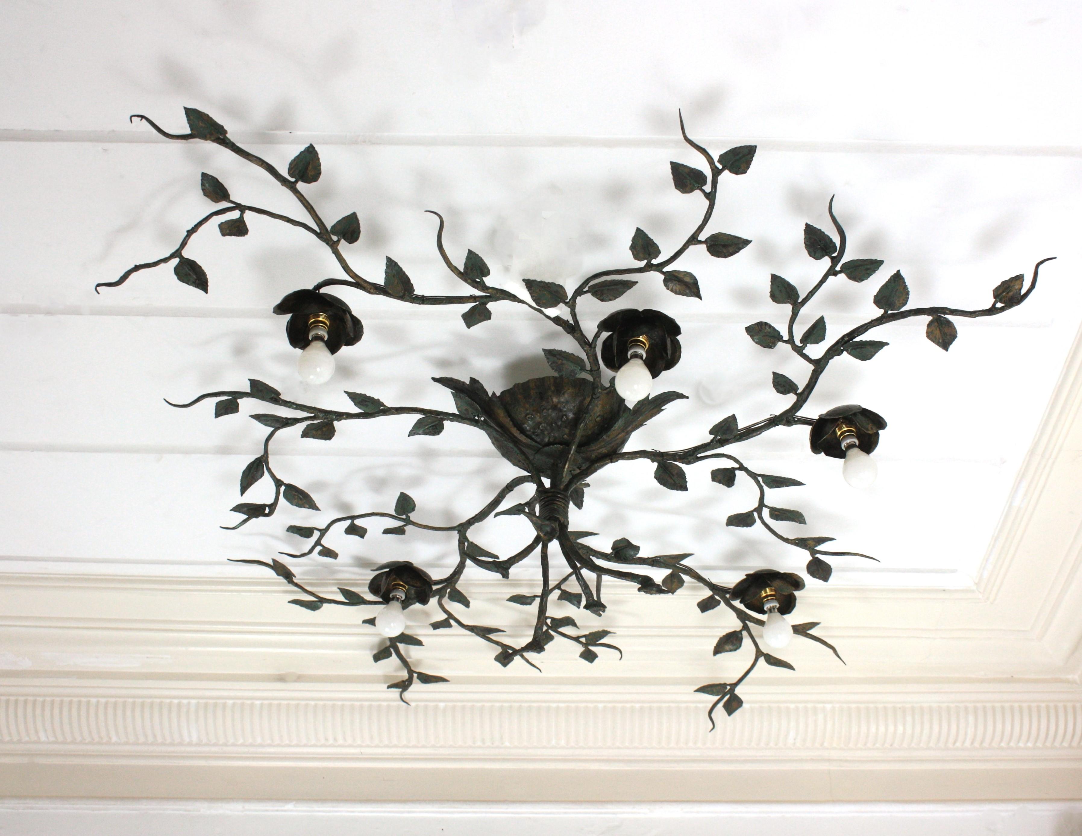 Huge Foliage Floral Flush Mount Light Fixture, Wrought Iron, Green Patina, 63 in 5