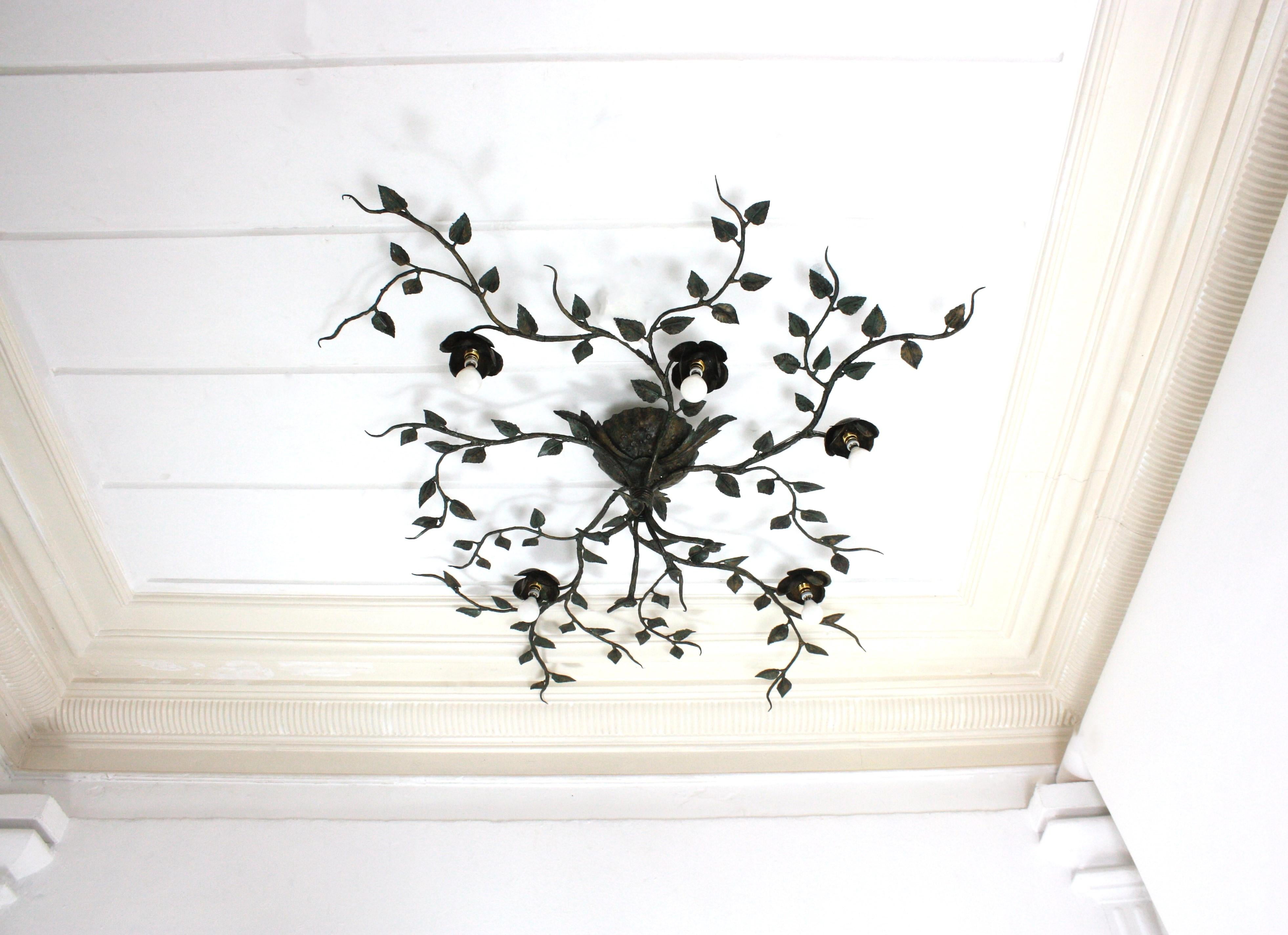 Huge Foliage Floral Flush Mount Light Fixture, Wrought Iron, Green Patina, 63 in 6
