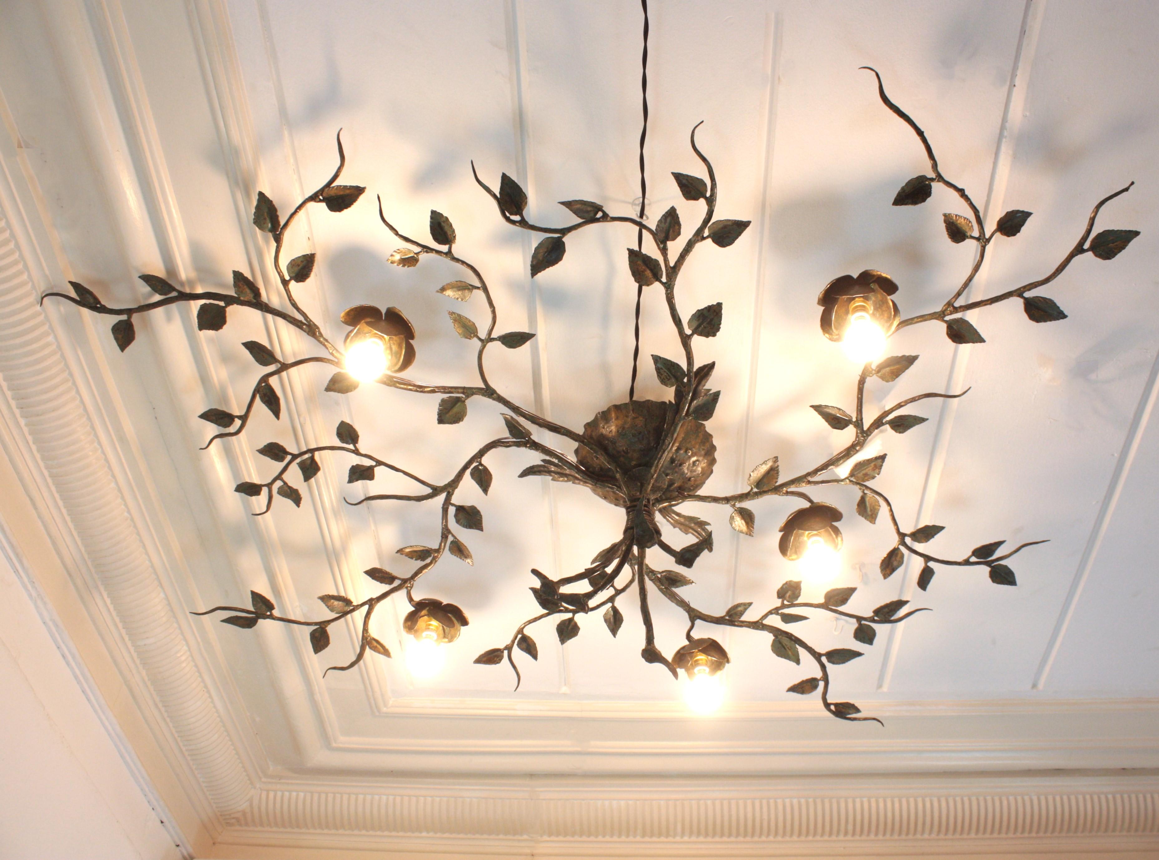 Huge Foliage Floral Flush Mount Light Fixture, Wrought Iron, Green Patina, 63 in 7