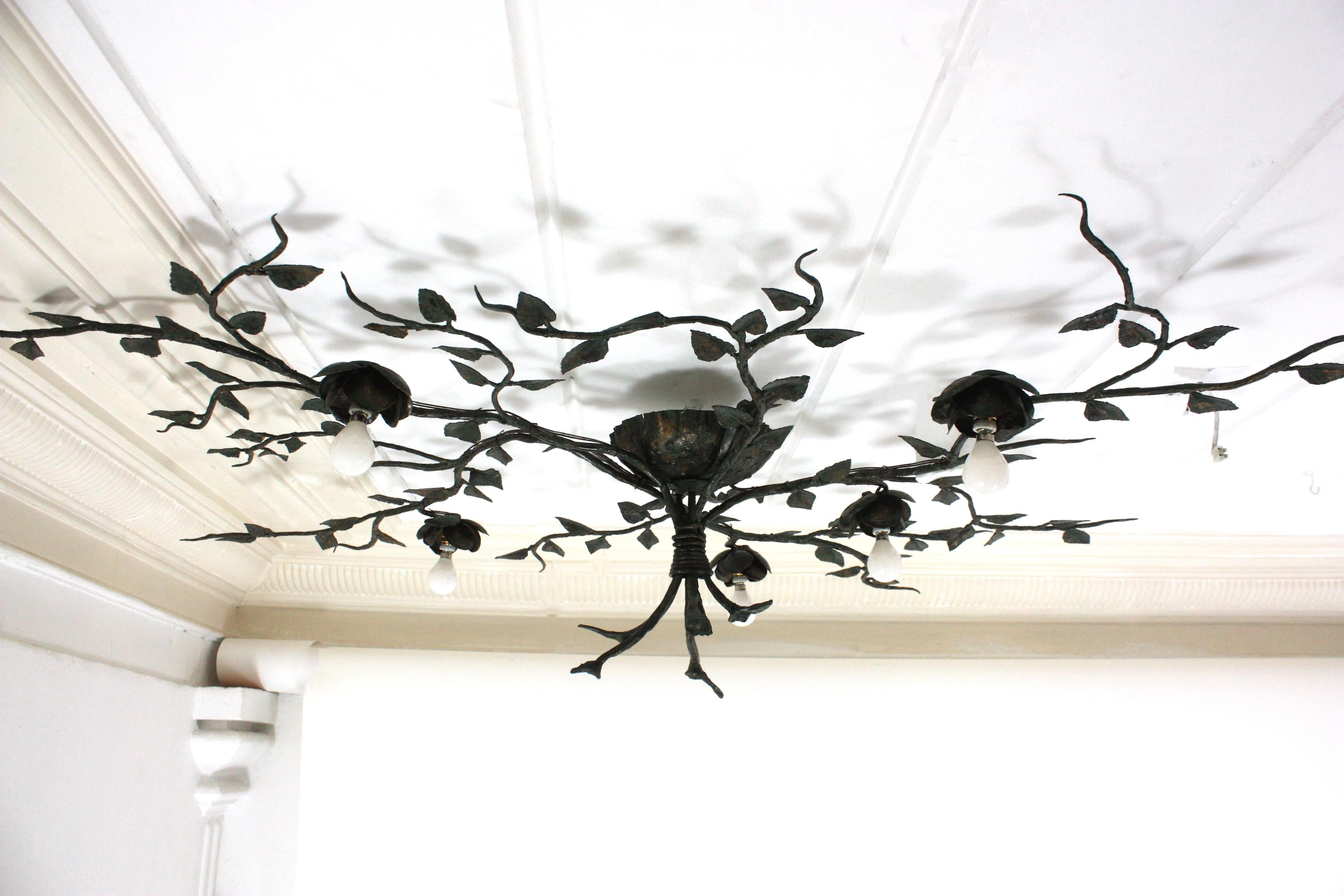 Huge Foliage Floral Flush Mount Light Fixture, Wrought Iron, Green Patina, 63 in 9