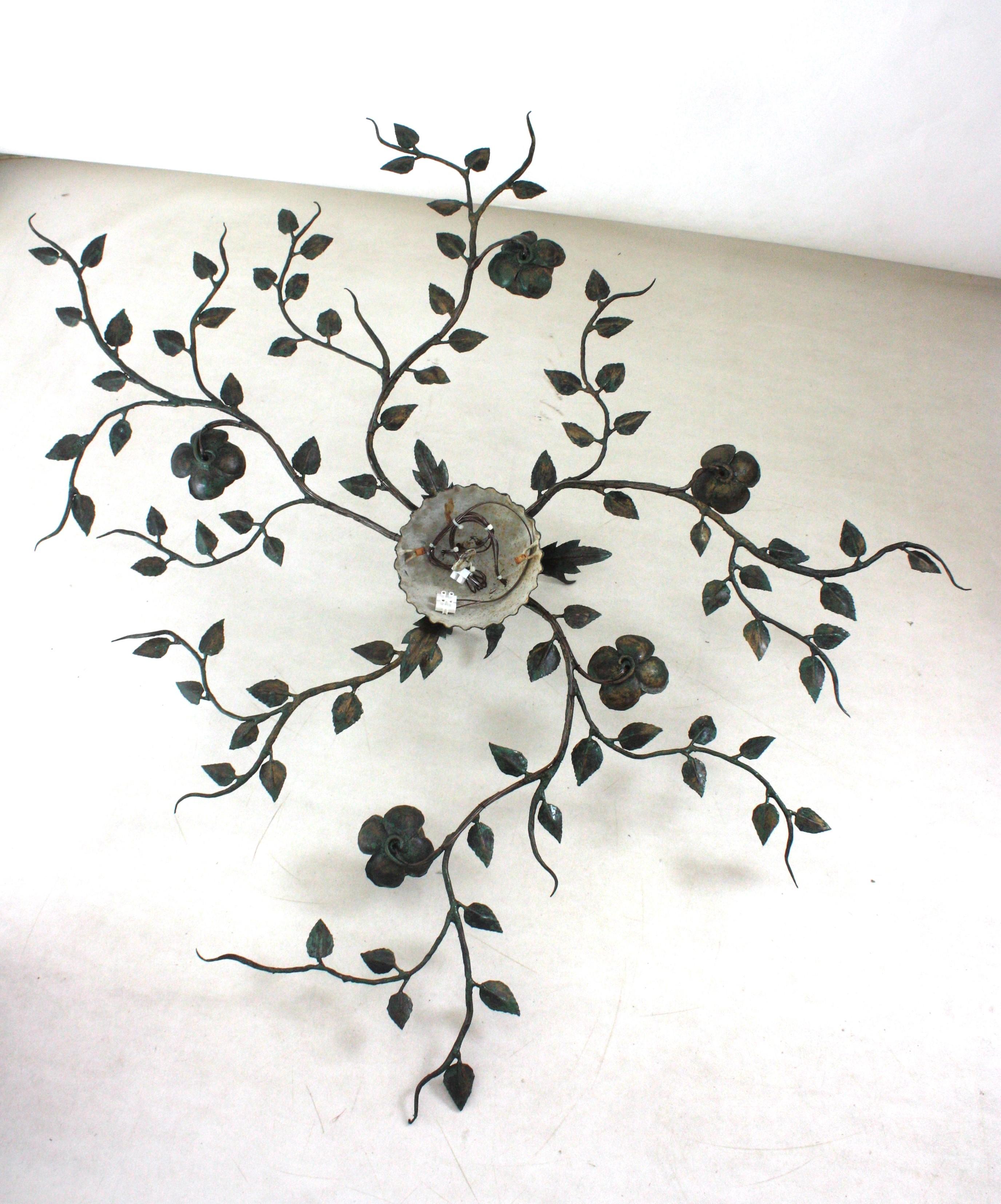 Huge Foliage Floral Flush Mount Light Fixture, Wrought Iron, Green Patina, 63 in 10