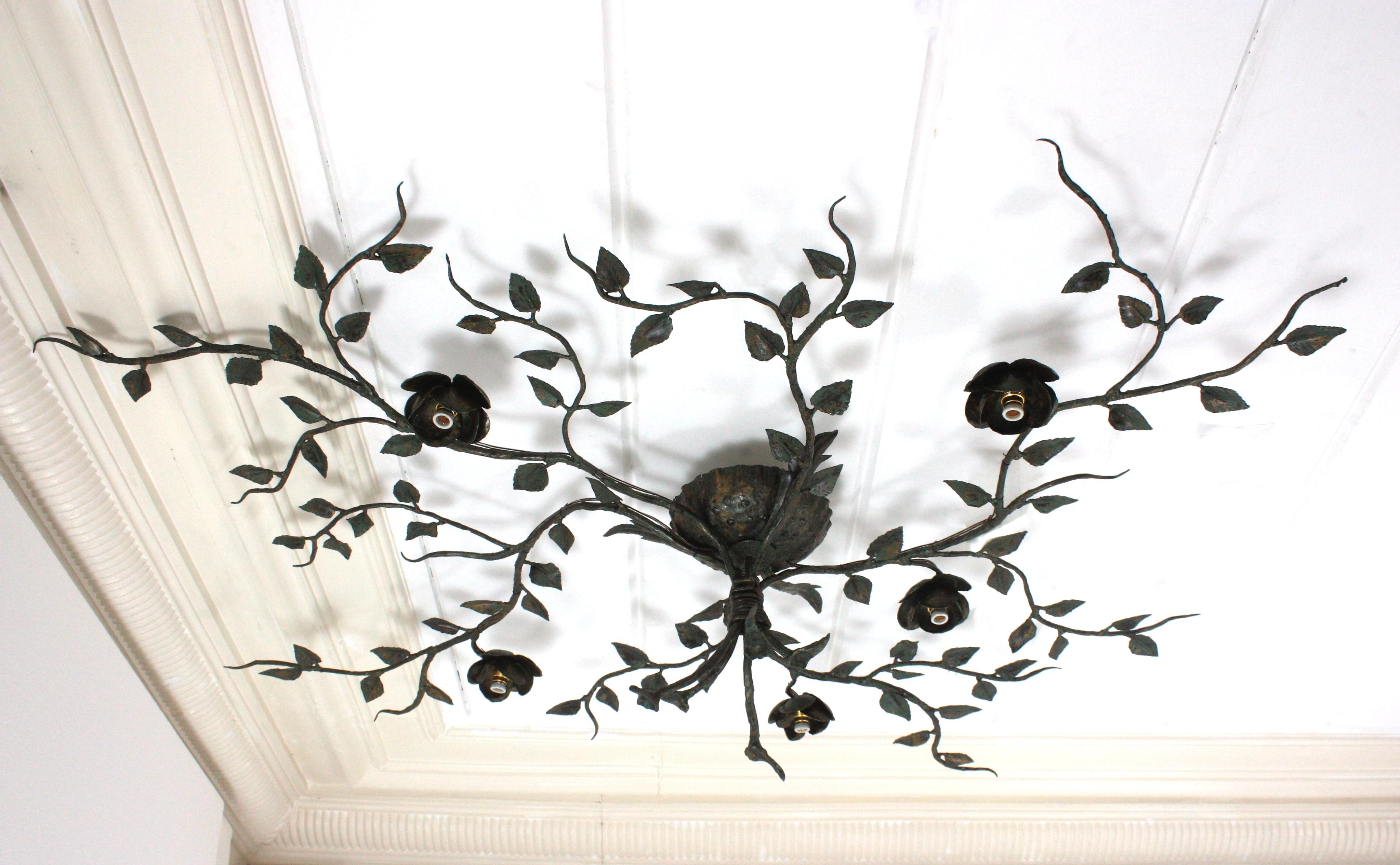 Huge Foliage Floral Flush Mount Light Fixture, Wrought Iron, Green Patina, 63 in 11