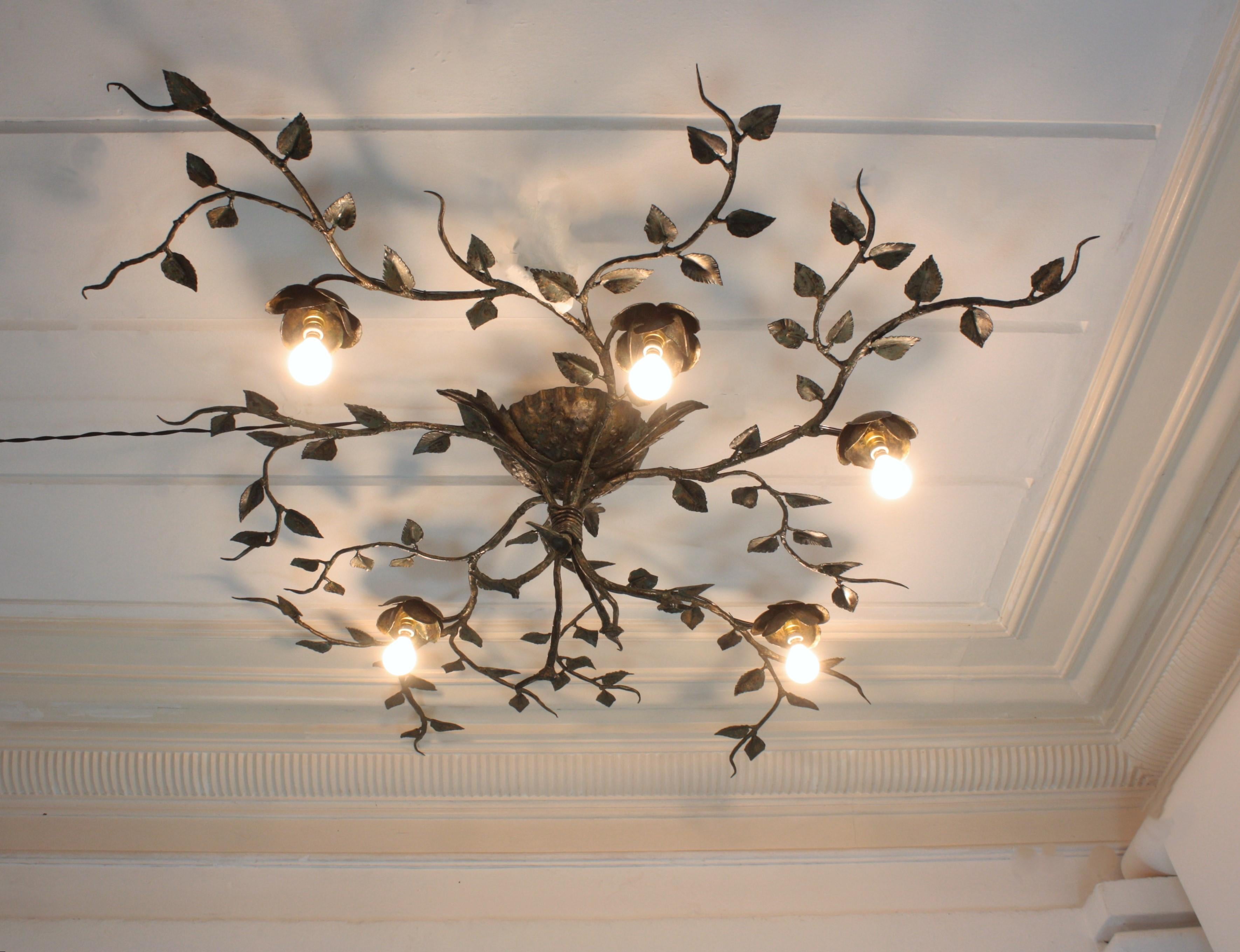 Huge Foliage Floral Flush Mount Light Fixture, Wrought Iron, Green Patina, 63 in 12