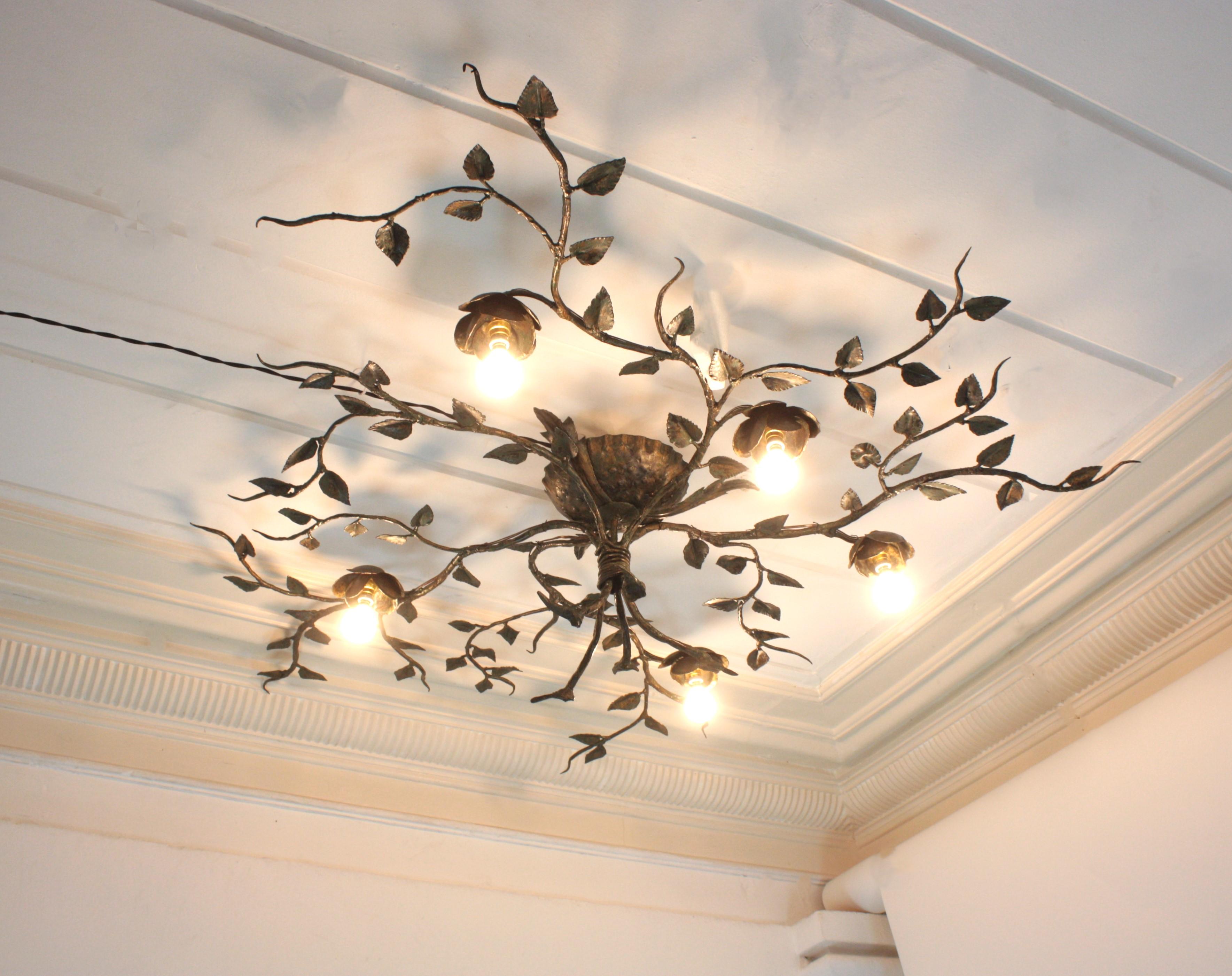 Mid-Century Modern Huge Foliage Floral Flush Mount Light Fixture, Wrought Iron, Green Patina, 63 in