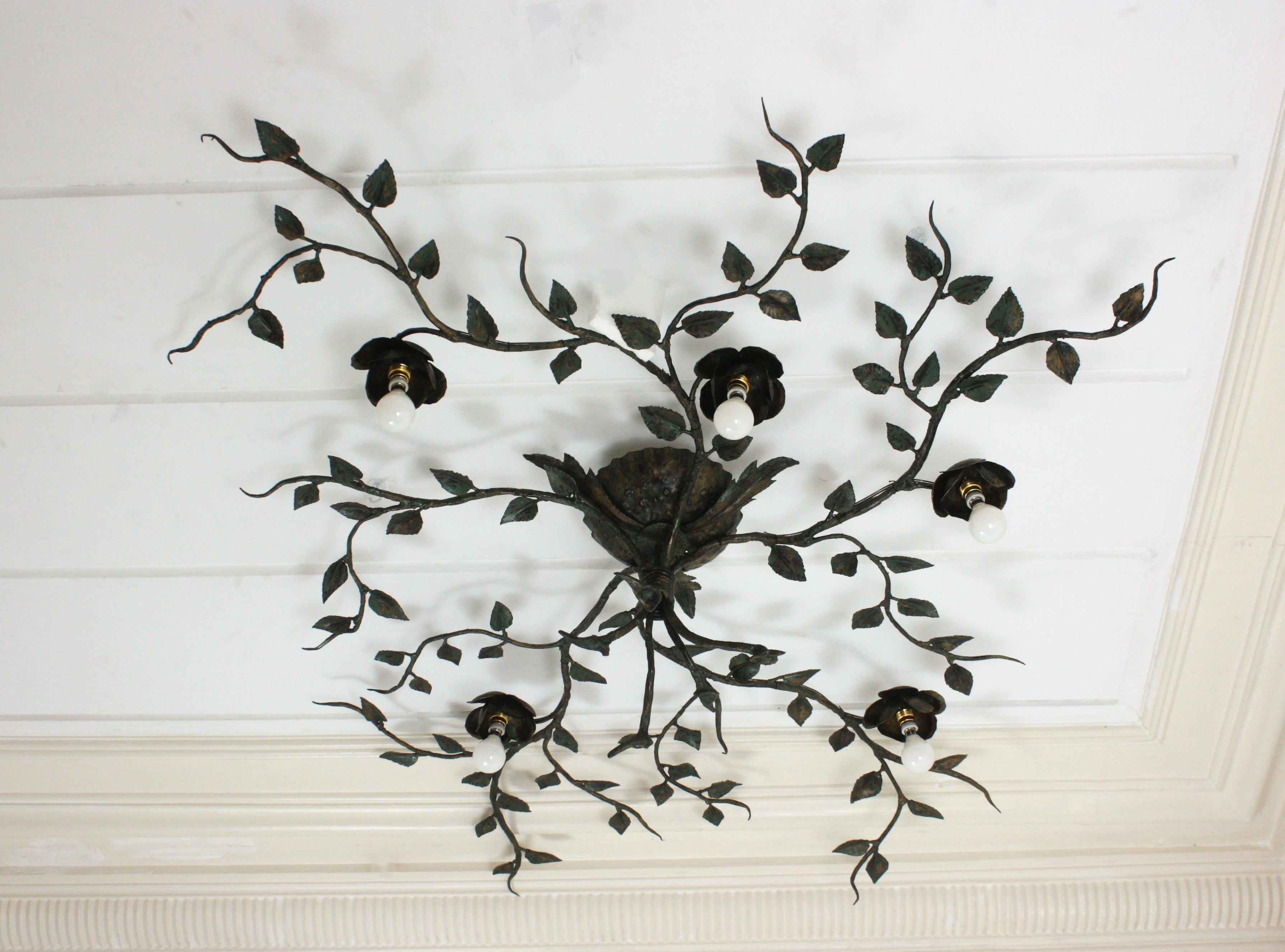 Spanish Huge Foliage Floral Flush Mount Light Fixture, Wrought Iron, Green Patina, 63 in