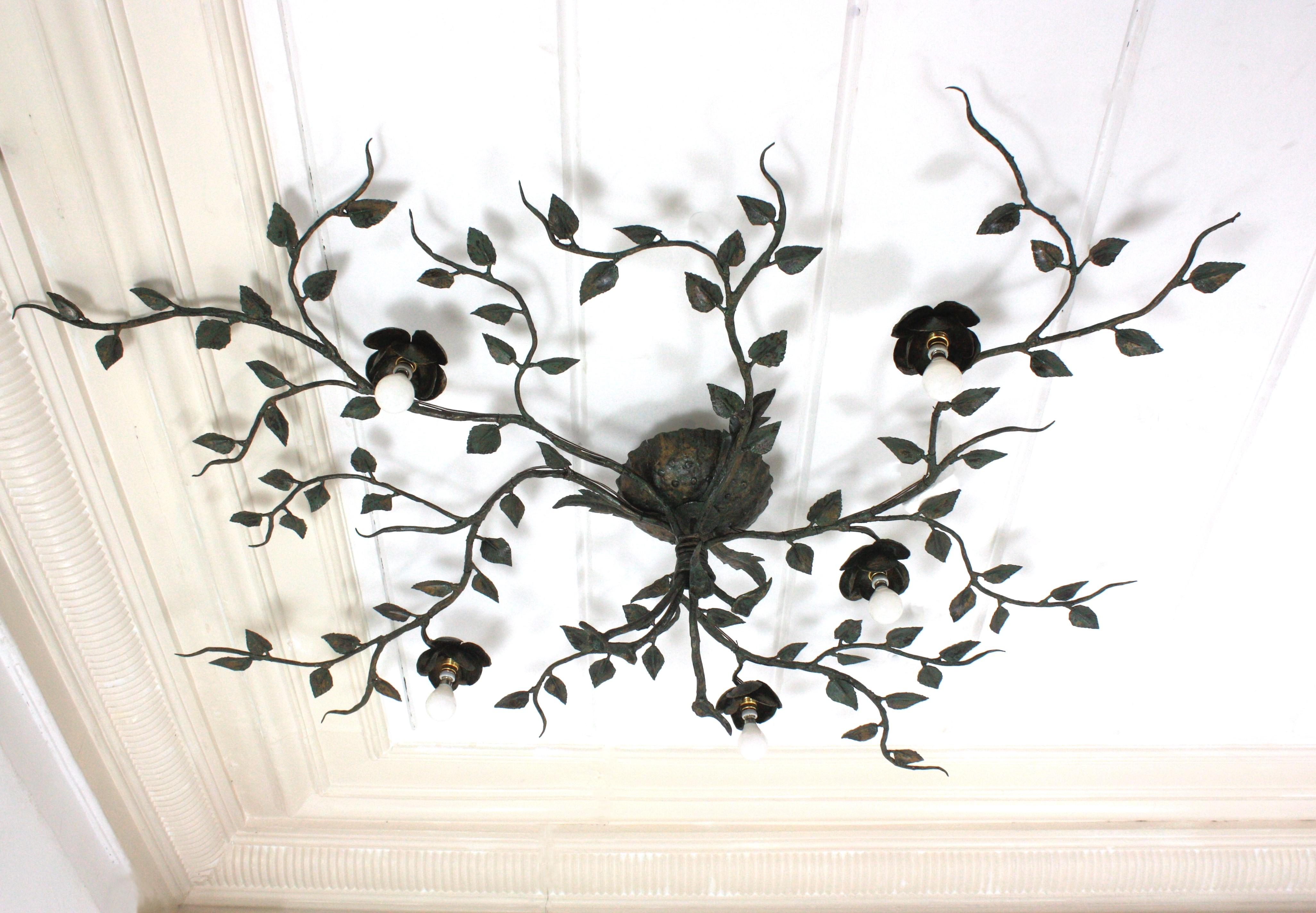 Patinated Huge Foliage Floral Flush Mount Light Fixture, Wrought Iron, Green Patina, 63 in