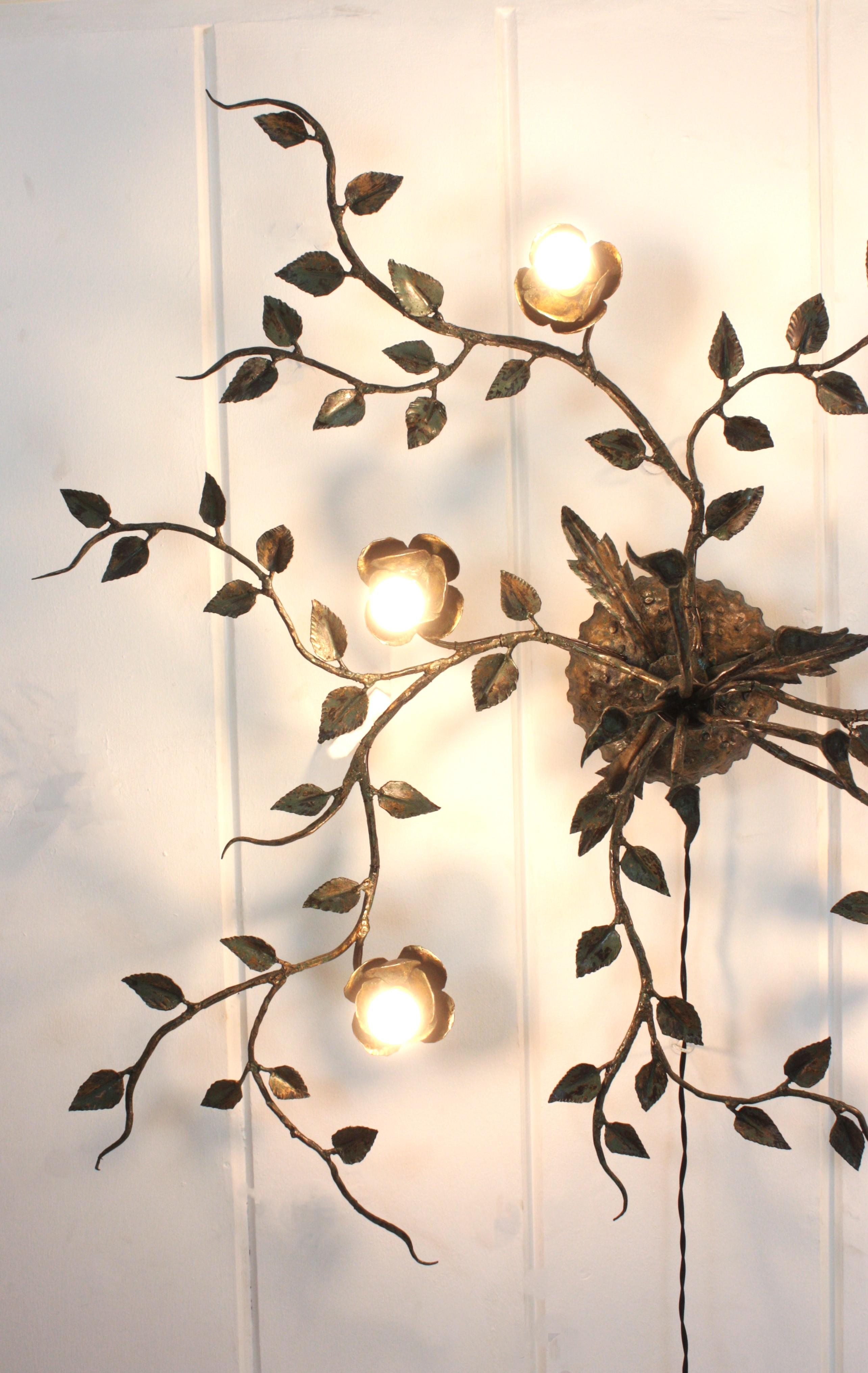 Huge Foliage Floral Flush Mount Light Fixture, Wrought Iron, Green Patina, 63 in In Good Condition In Barcelona, ES