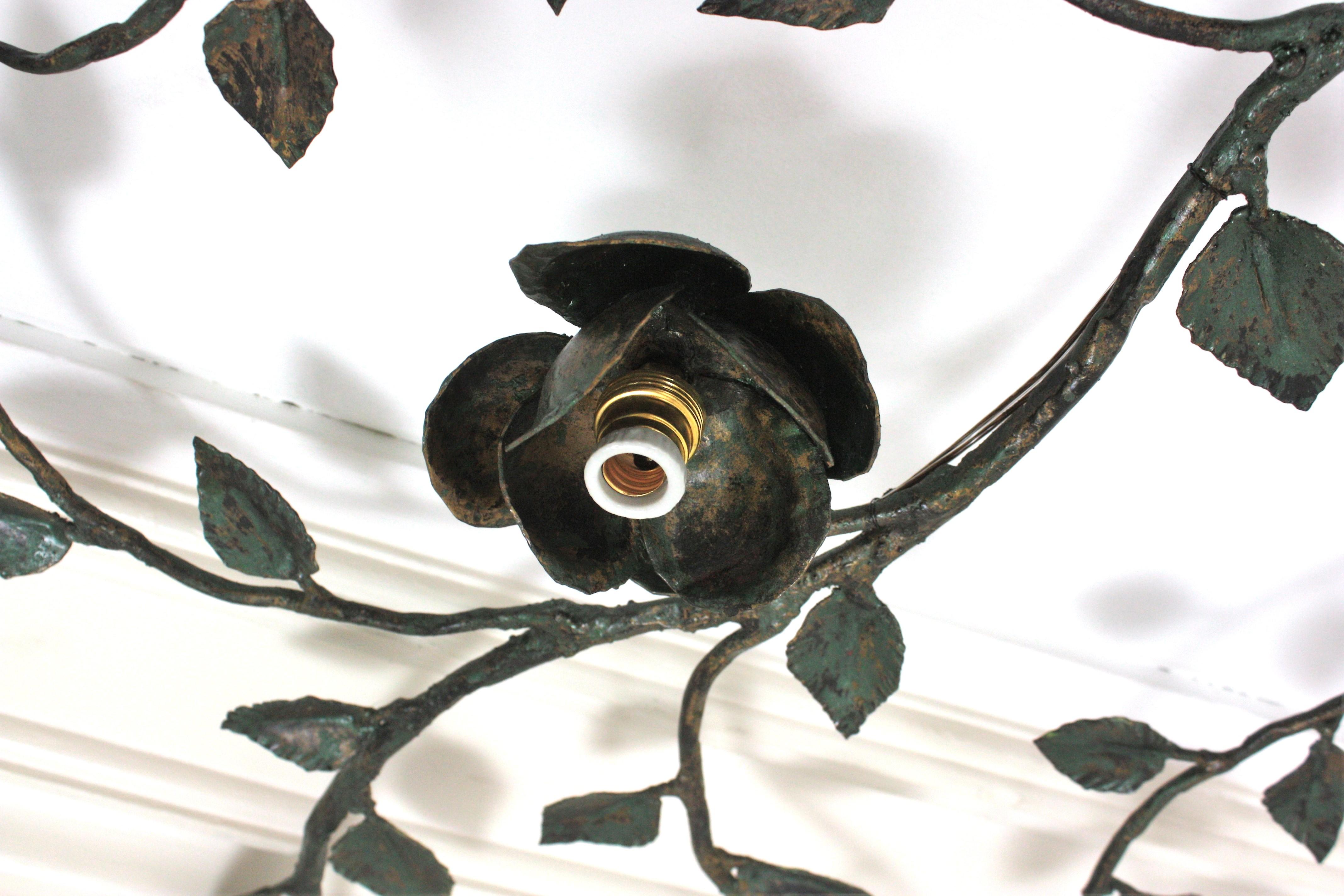 20th Century Huge Foliage Floral Flush Mount Light Fixture, Wrought Iron, Green Patina, 63 in