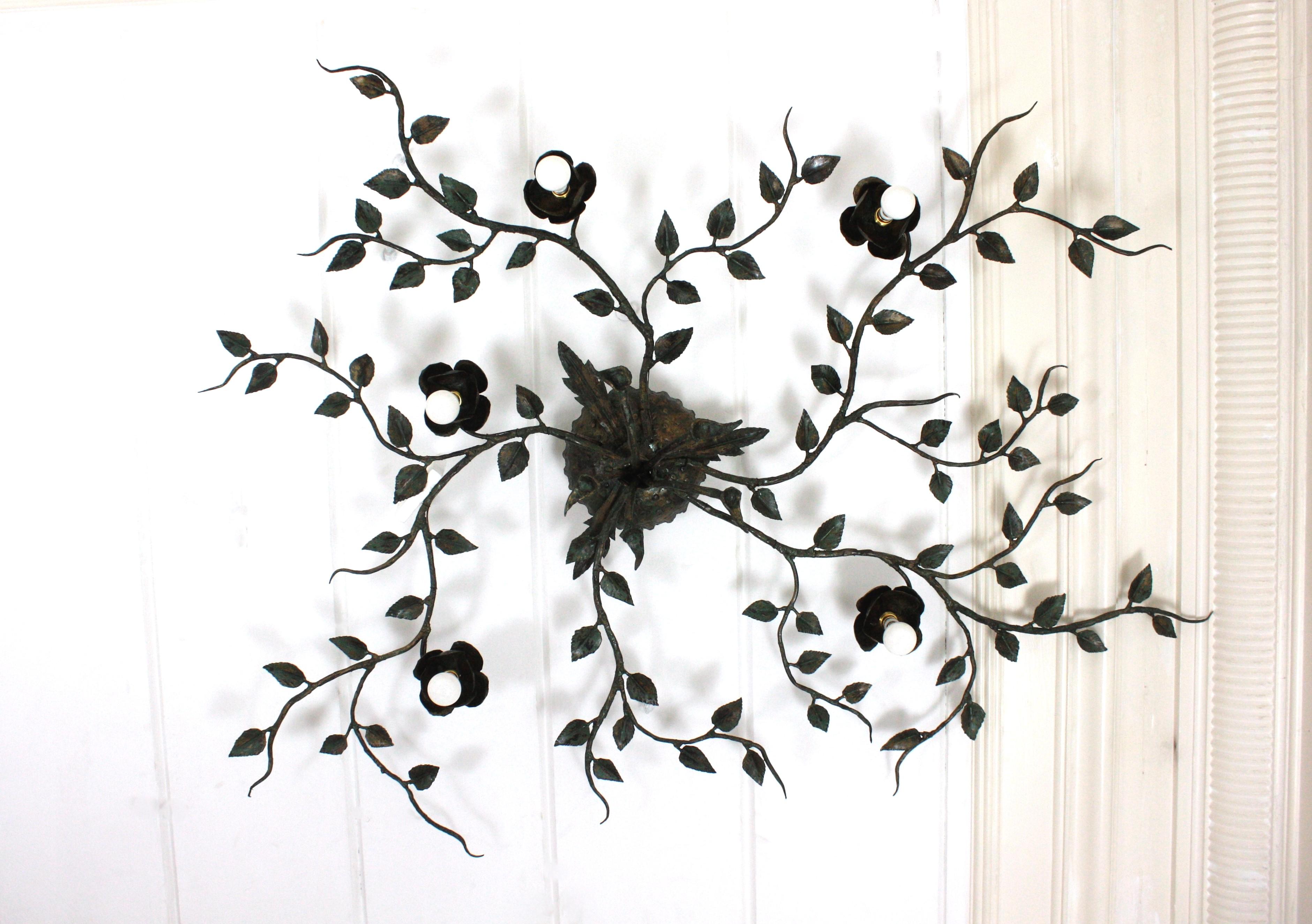 Huge Foliage Floral Flush Mount Light Fixture, Wrought Iron, Green Patina, 63 in 1