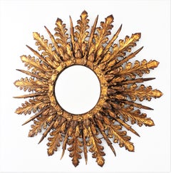 Massive Sunburst Mirror / Sunburst Light Fixture in Gilt Iron, France 1940s