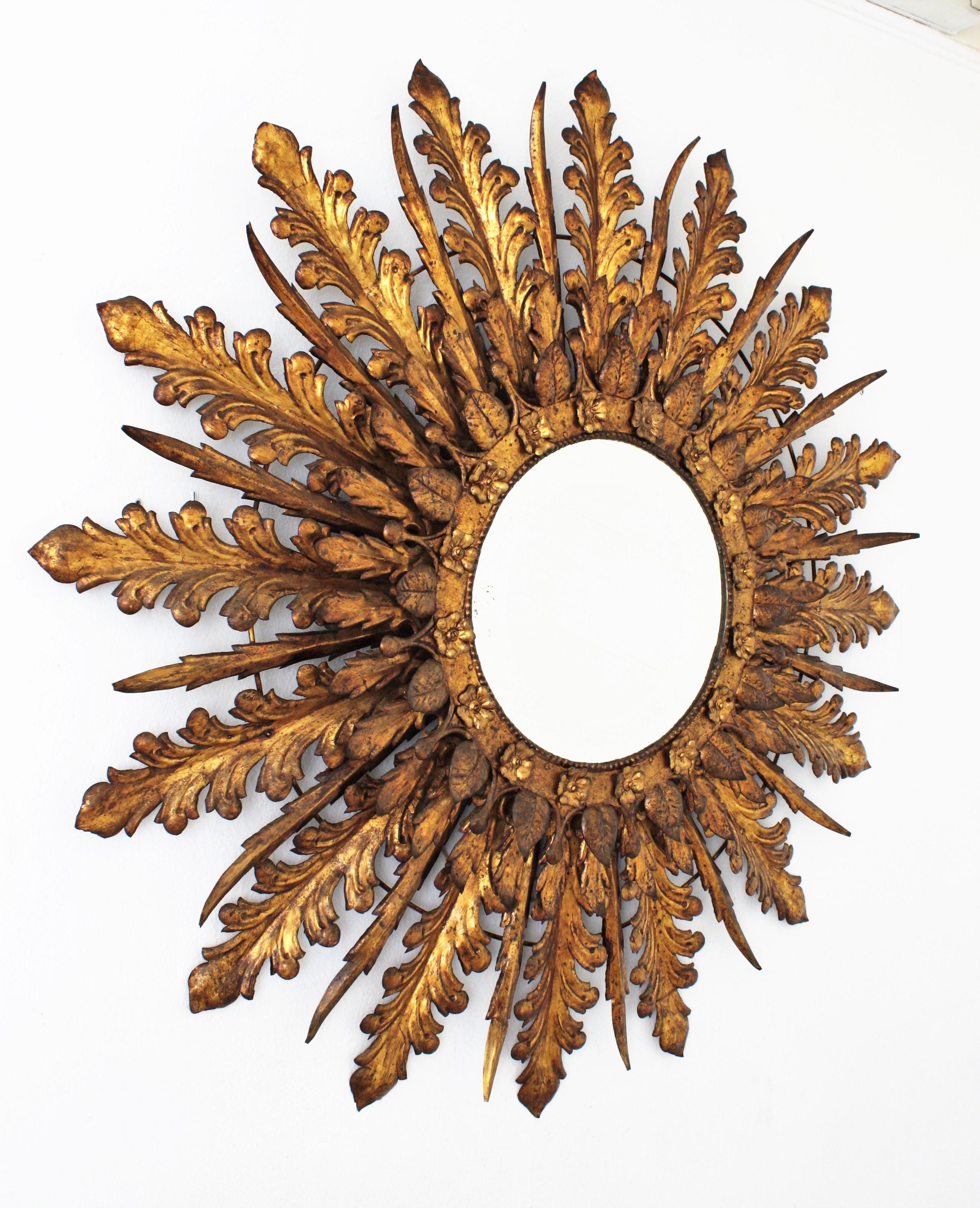 Baroque Revival Massive Sunburst Mirror Sunburst Light Fixture, Gilt Iron For Sale