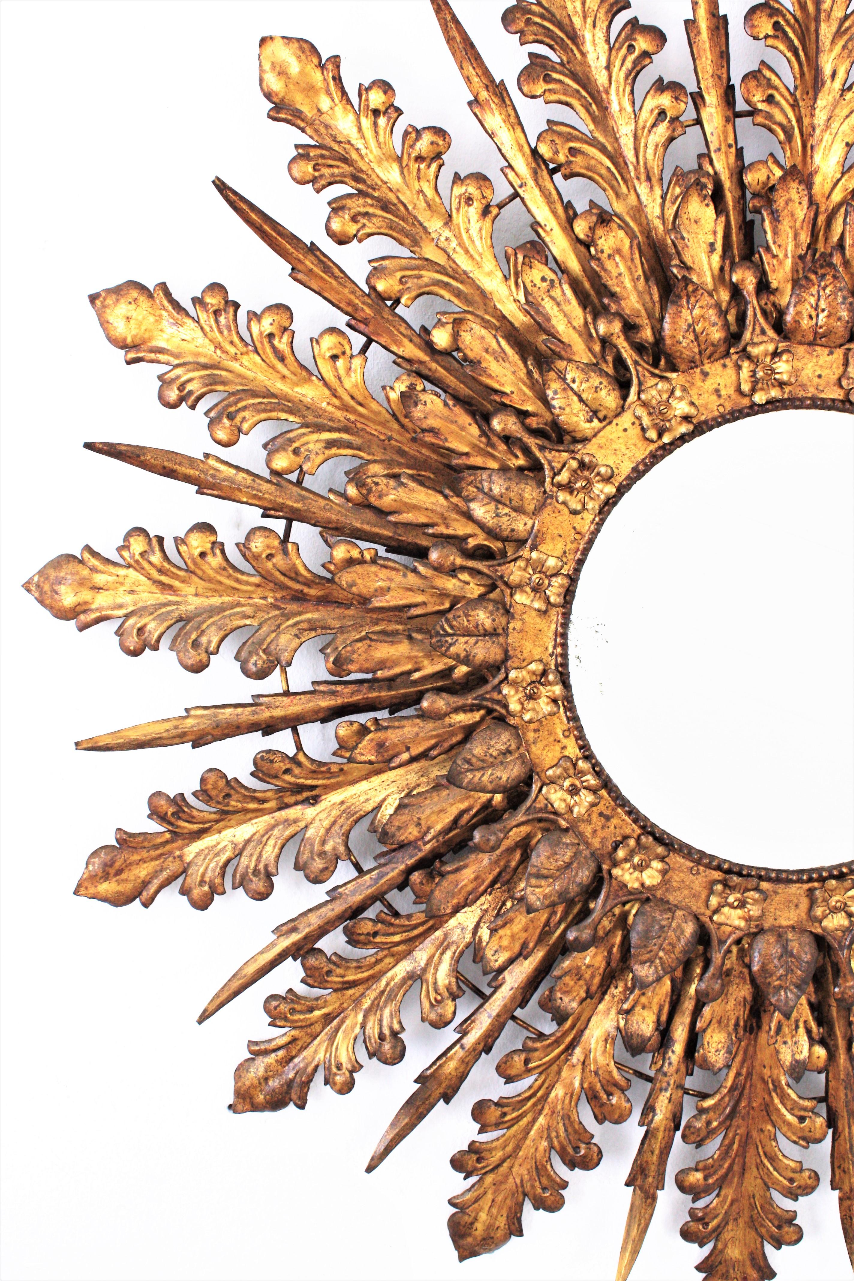 Hand-Crafted Massive Sunburst Mirror Sunburst Light Fixture, Gilt Iron For Sale