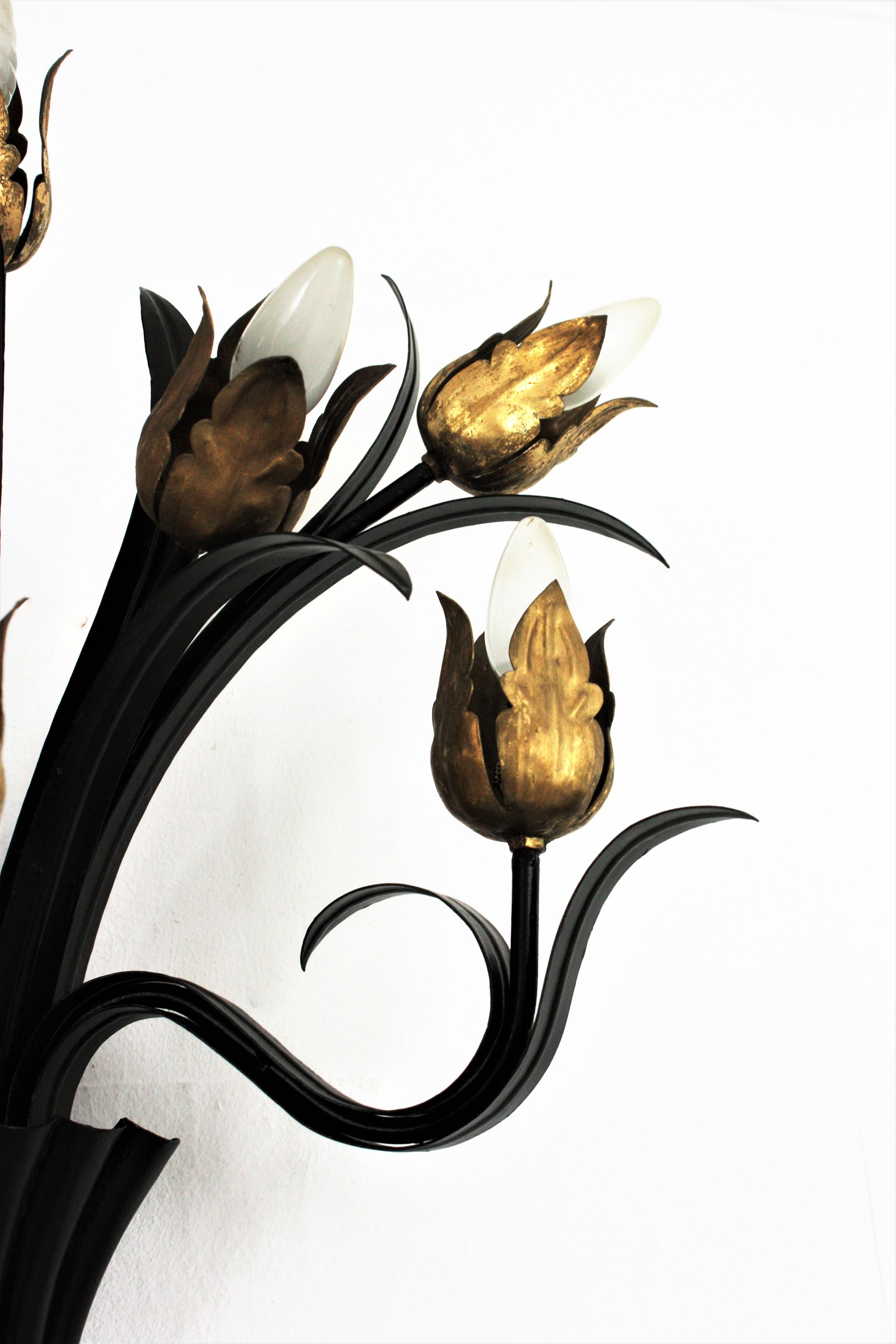 Gold Leaf Huge Foliage Floral Wall Sconce in Black and Gilt Iron, 1950s For Sale