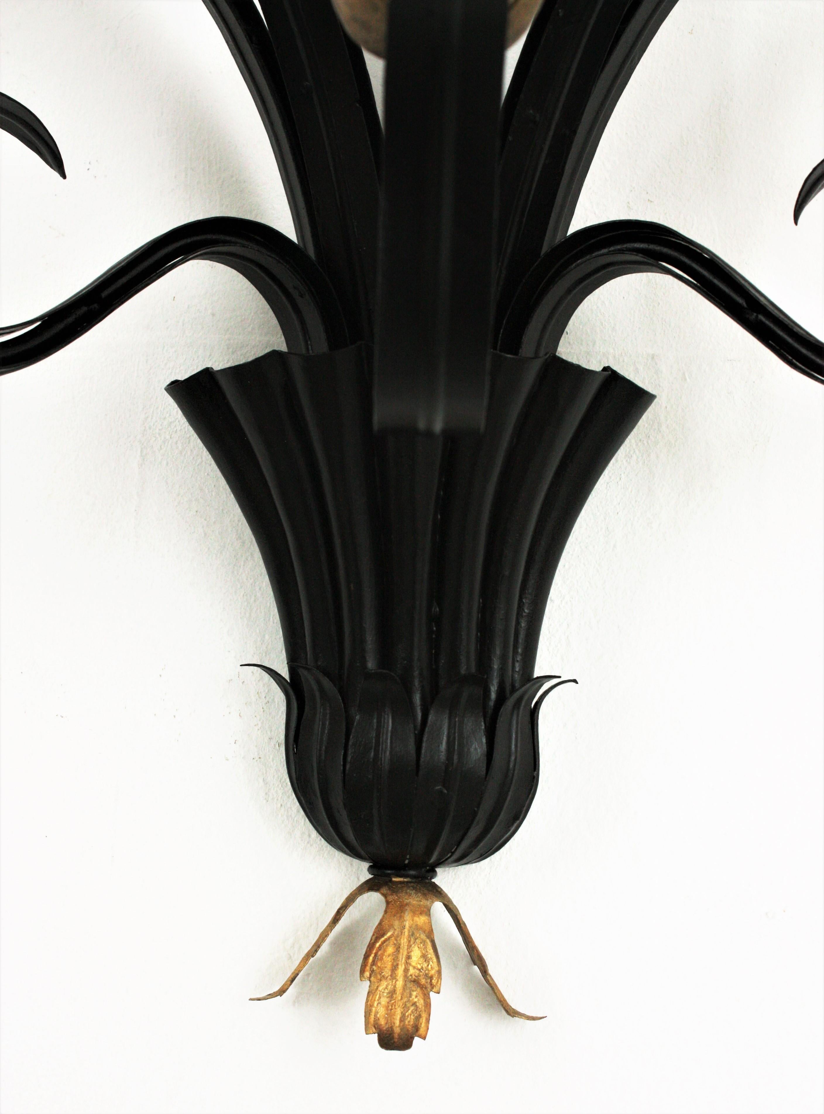 Huge Foliage Floral Wall Sconce in Black and Gilt Iron, 1950s For Sale 1