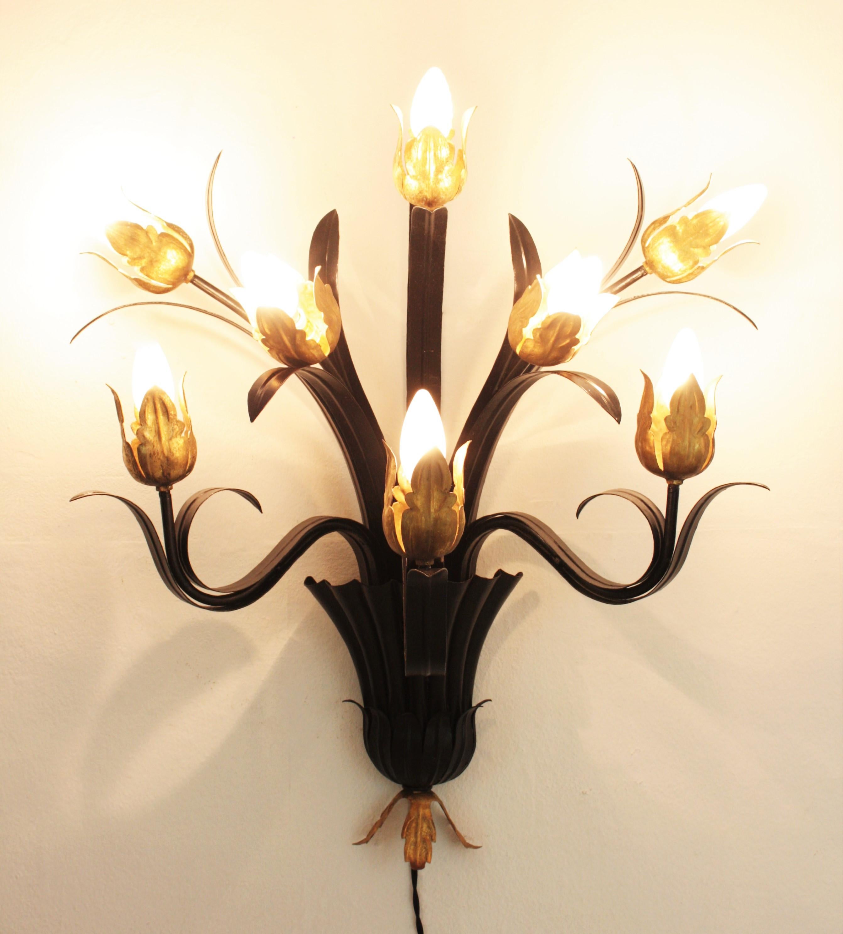 Huge Foliage Floral Wall Sconce in Black and Gilt Iron, 1950s For Sale 2