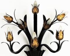 Huge Foliage Floral Wall Sconce in Black Patina with Gilt Iron Flower Buds