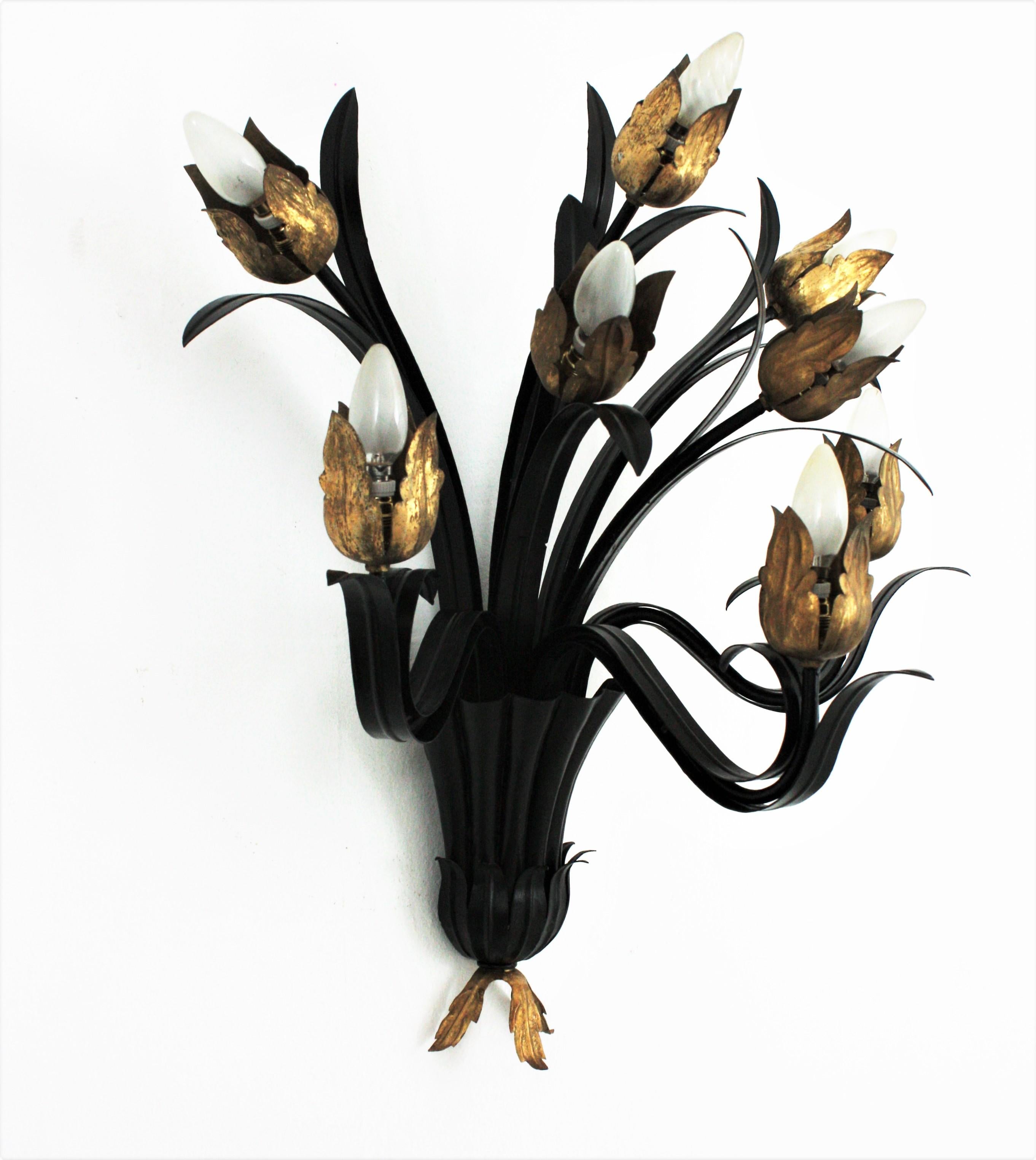 Hollywood Regency Huge Foliage Floral Wall Sconce in Black and Gilt Iron, 1950s For Sale