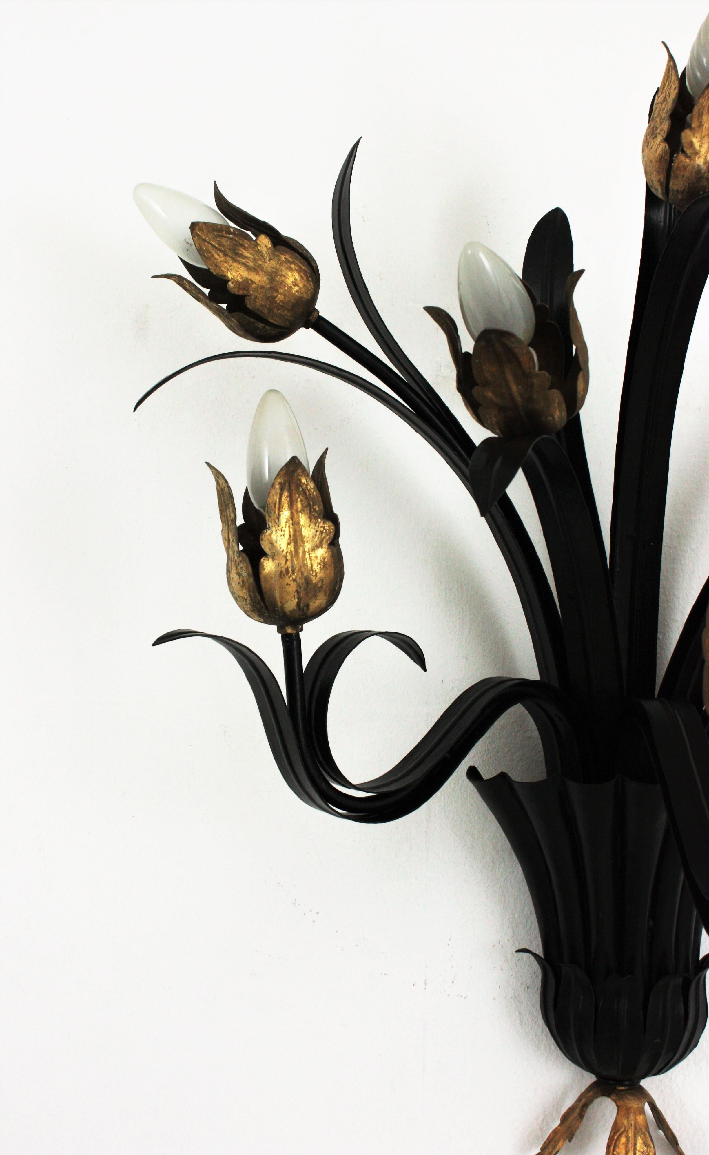 Spanish Huge Foliage Floral Wall Sconce in Black and Gilt Iron, 1950s For Sale