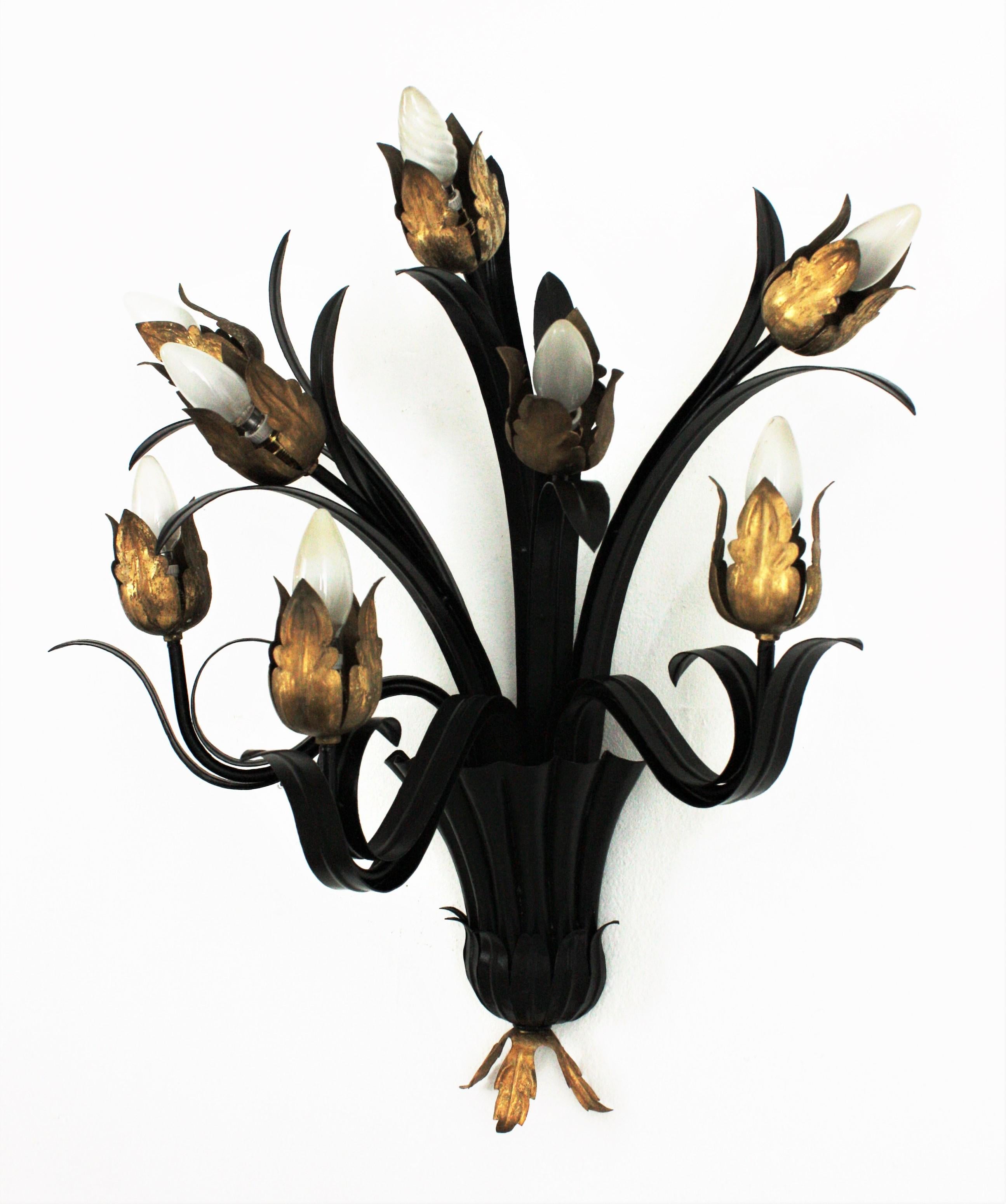 20th Century Huge Foliage Floral Wall Sconce in Black and Gilt Iron, 1950s For Sale