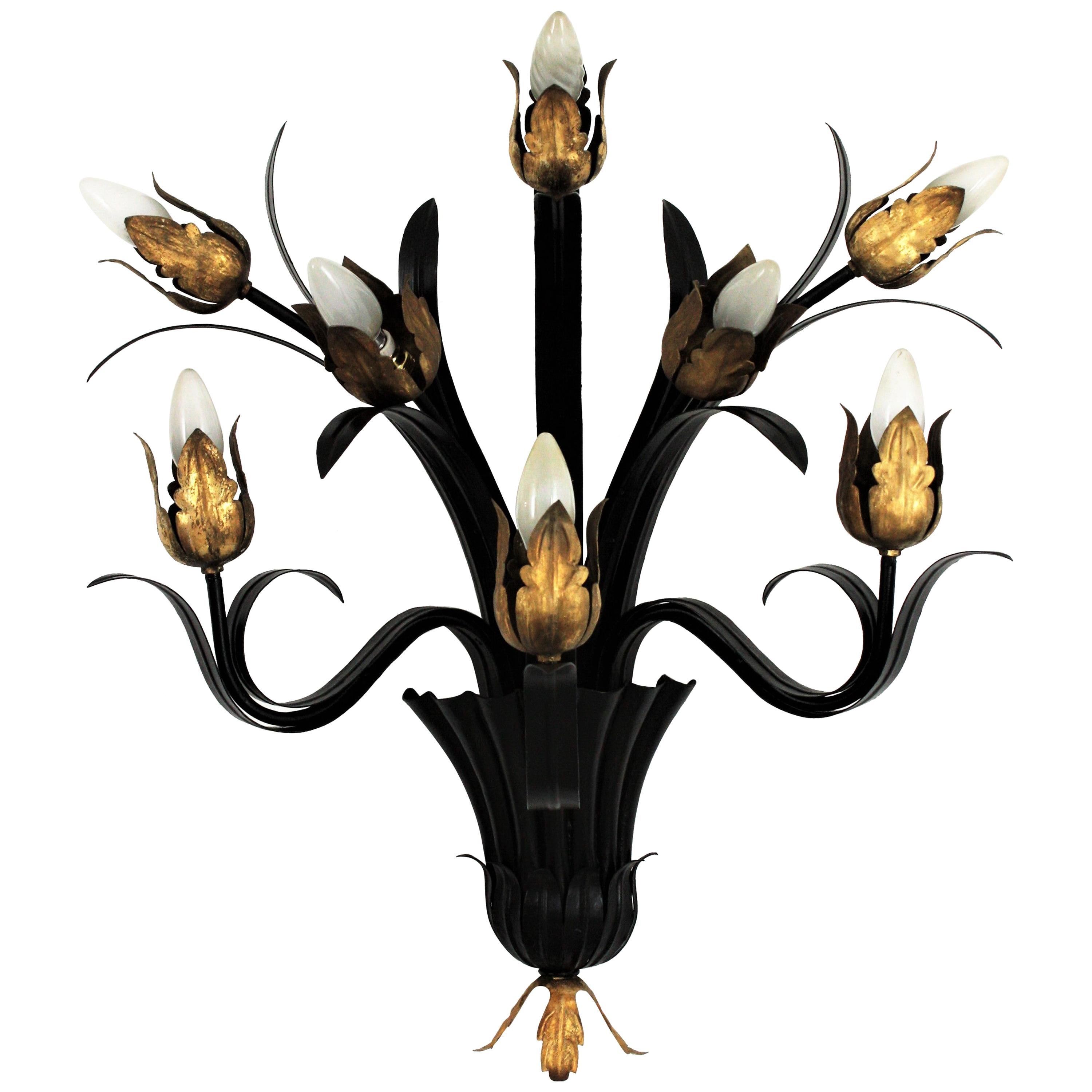 Huge Foliage Floral Wall Sconce in Black and Gilt Iron, 1950s