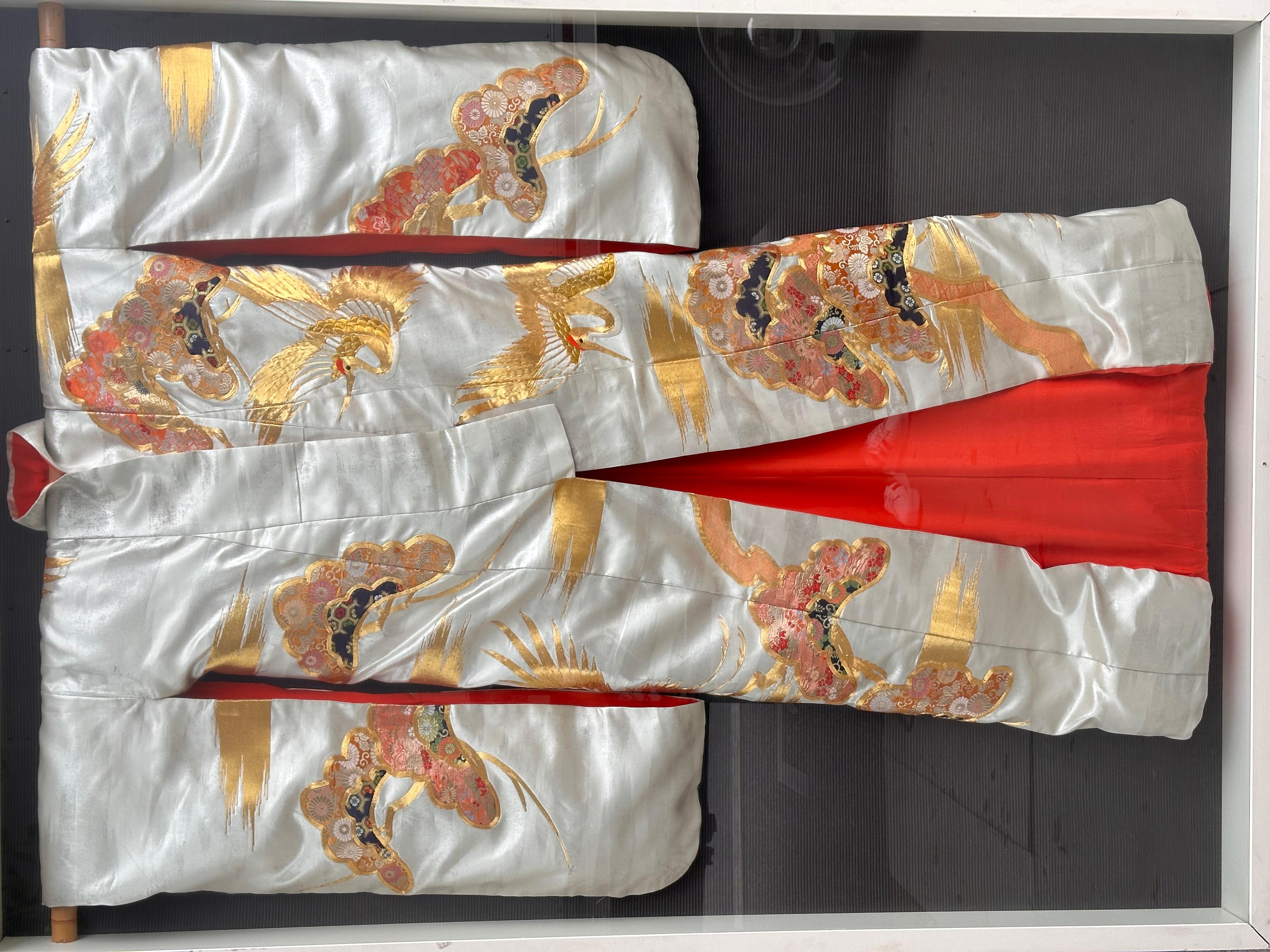Chinoiserie Huge Framed Japanese Wedding Kimono W Silk Embroidered Decoration For Sale