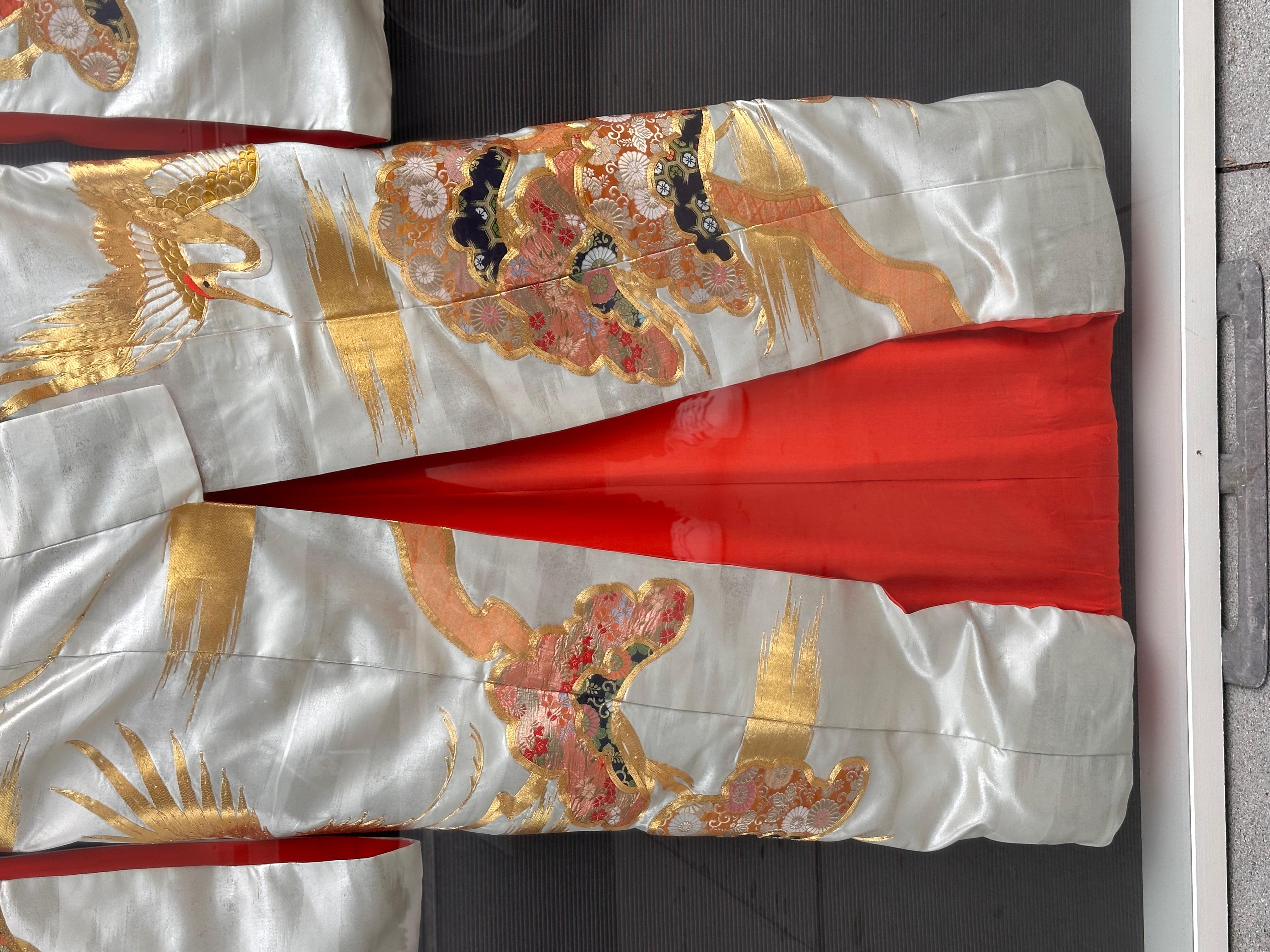 Huge Framed Japanese Wedding Kimono W Silk Embroidered Decoration In Good Condition For Sale In LOS ANGELES, CA