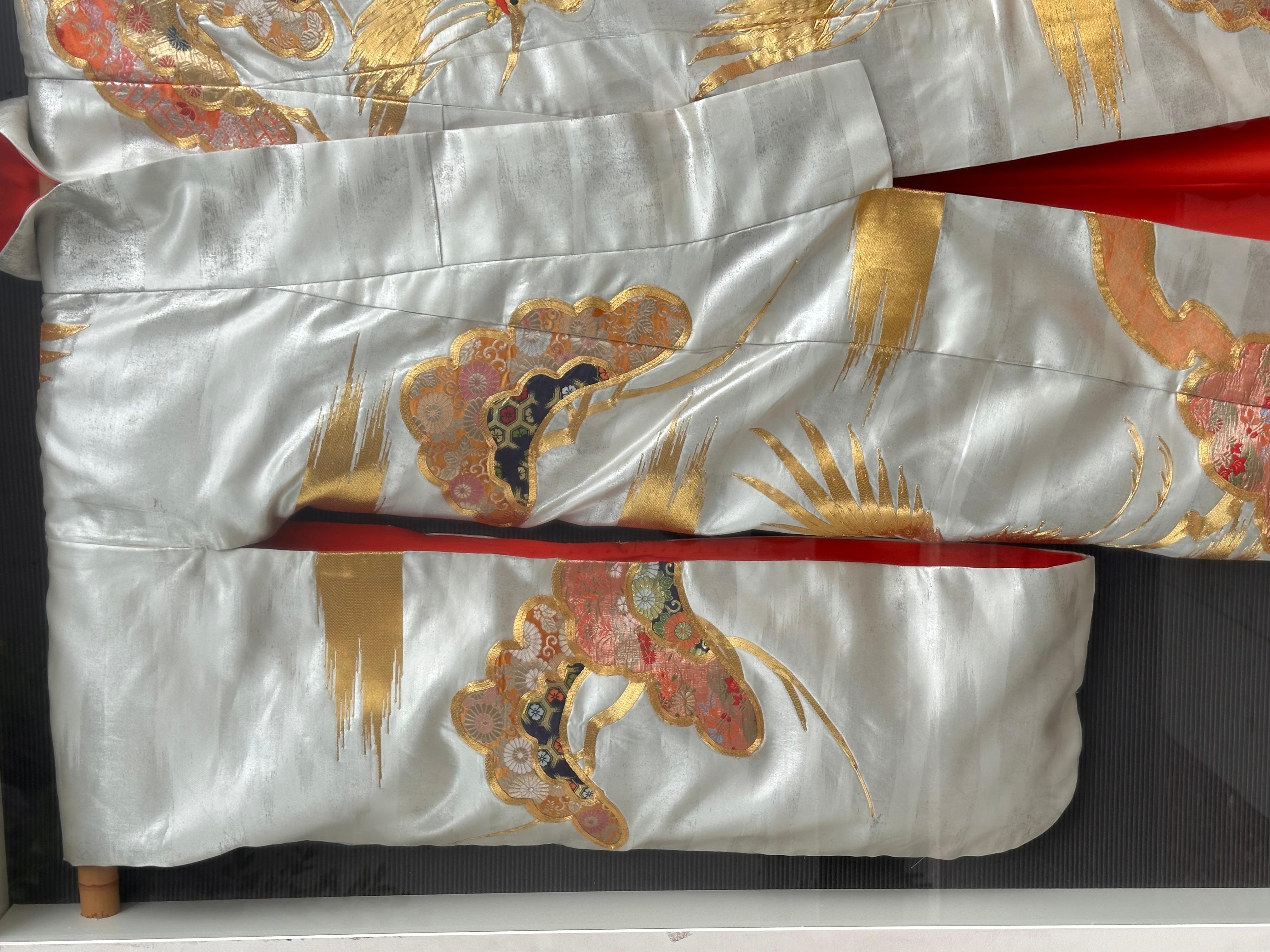 20th Century Huge Framed Japanese Wedding Kimono W Silk Embroidered Decoration For Sale