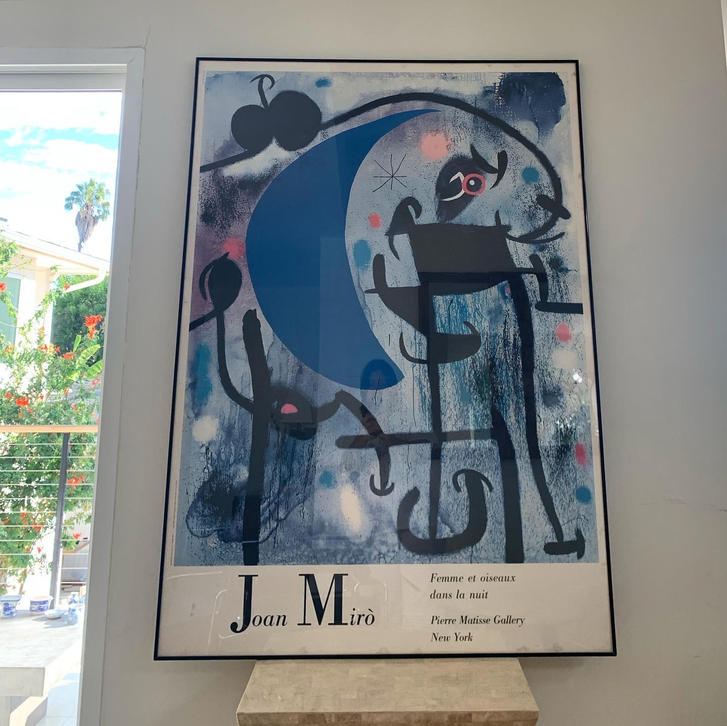 Monumentally sized framed (under acrylic) vintage poster of Miró’s « Femme et Oiseaux dans la Nuit » from Pierre Matisse Gallery, New York 1987. Over 3ft x 4ft. Some faint discoloration along poster edges, but overall fabulous condition.

Measures: