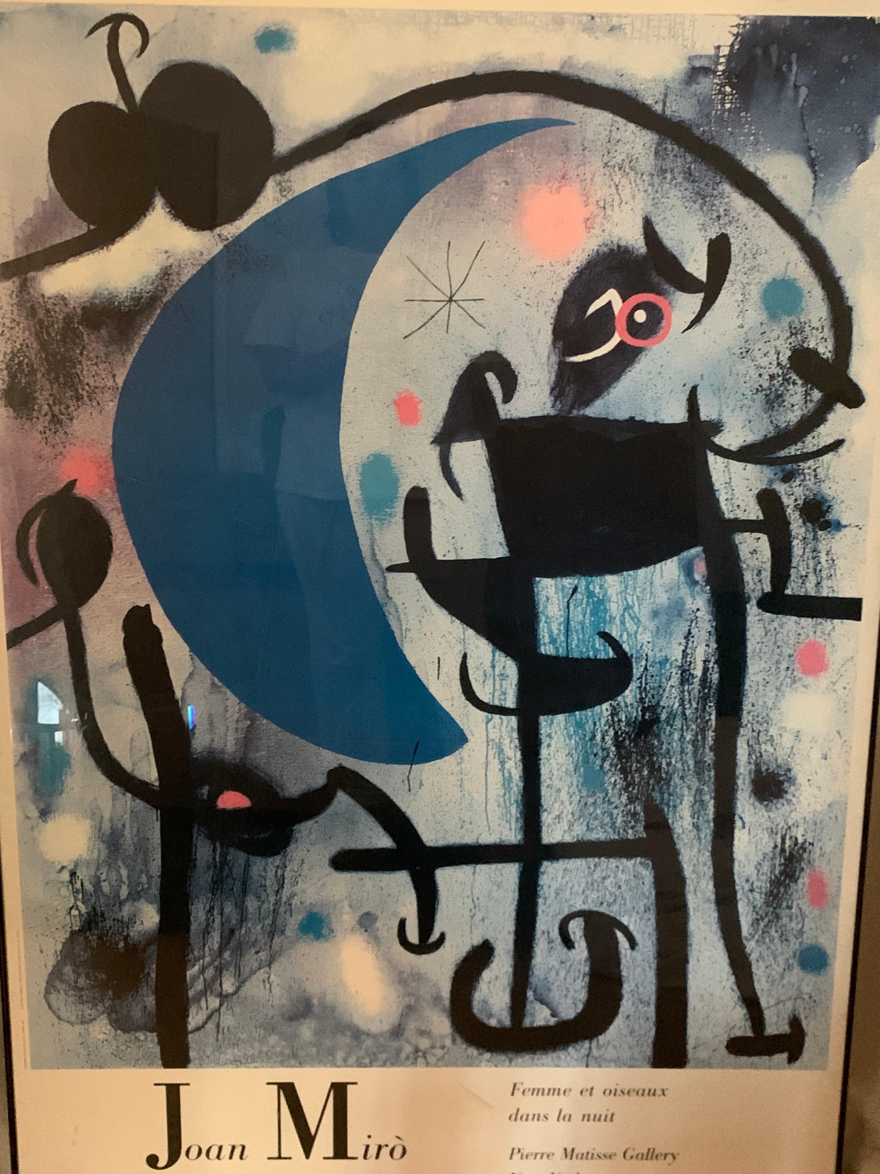 Expressionist Huge Framed Joan Miró Poster « Femme Et Oiseaux », Pierre Matisse Gallery 1987