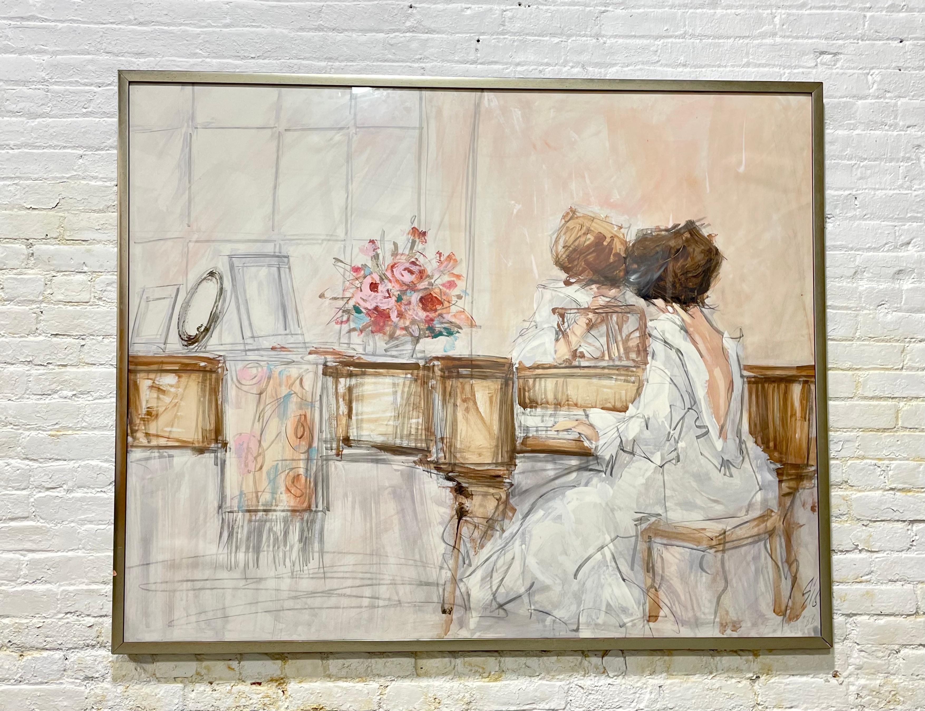 Oversized Gouache and/or pastel Framed artwork on paper of a Woman and Child at a Piano, c. 1988 by American artist Jerry Sic. An impressionist pastel painting by listed artist Jerry Sic of Nebraska, born 1942. The frame is gold tone and protected