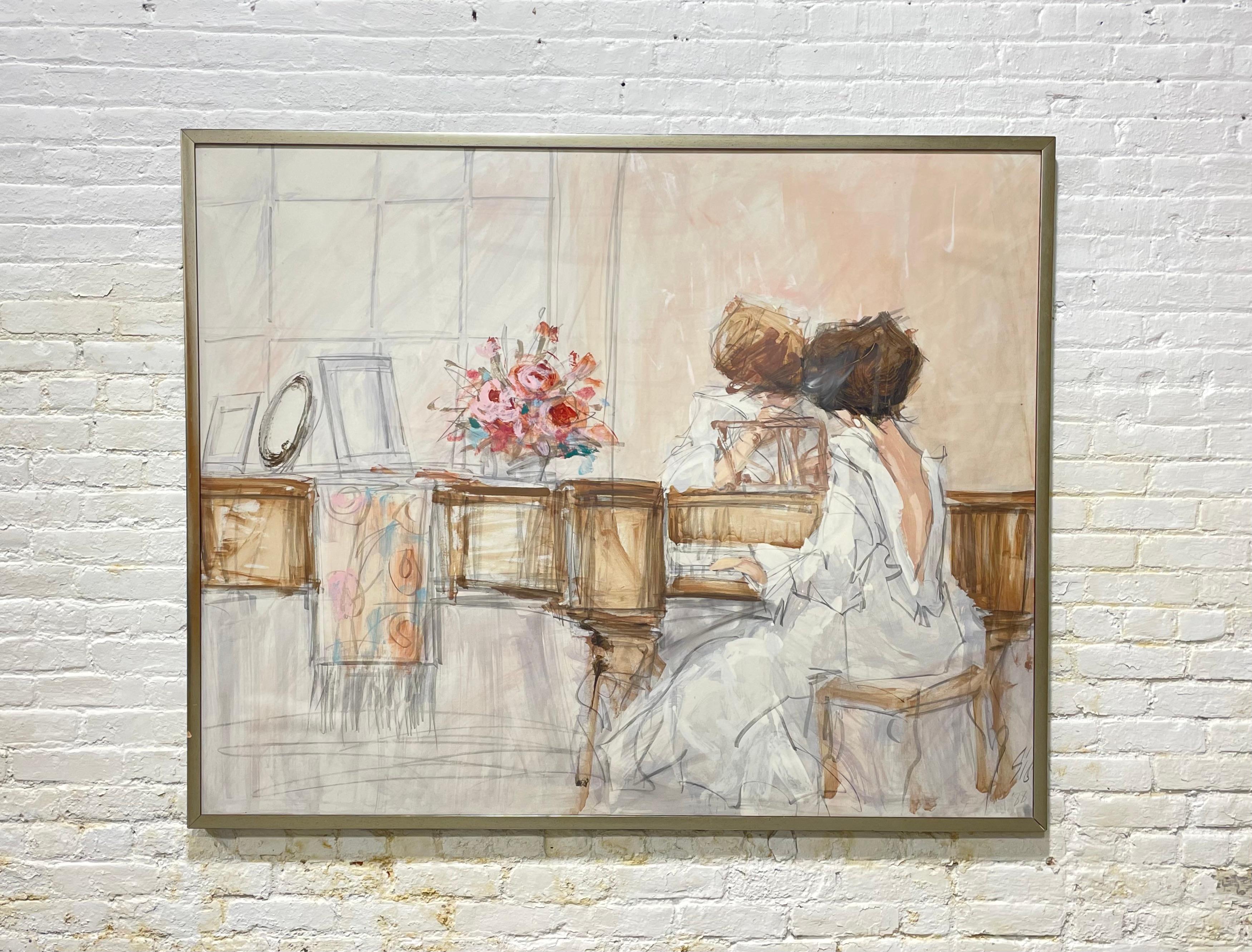 Late 20th Century HUGE FRAMED Woman and Child Playing Piano ART by Jerry Sic For Sale
