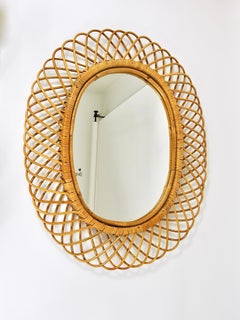 Huge Franco Albini Oval Midcentury Rattan Bamboo Sunburst Wall Mirror, 1950s