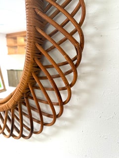 Huge Franco Albini Oval Midcentury Rattan Bamboo Sunburst Wall Mirror, 1950s