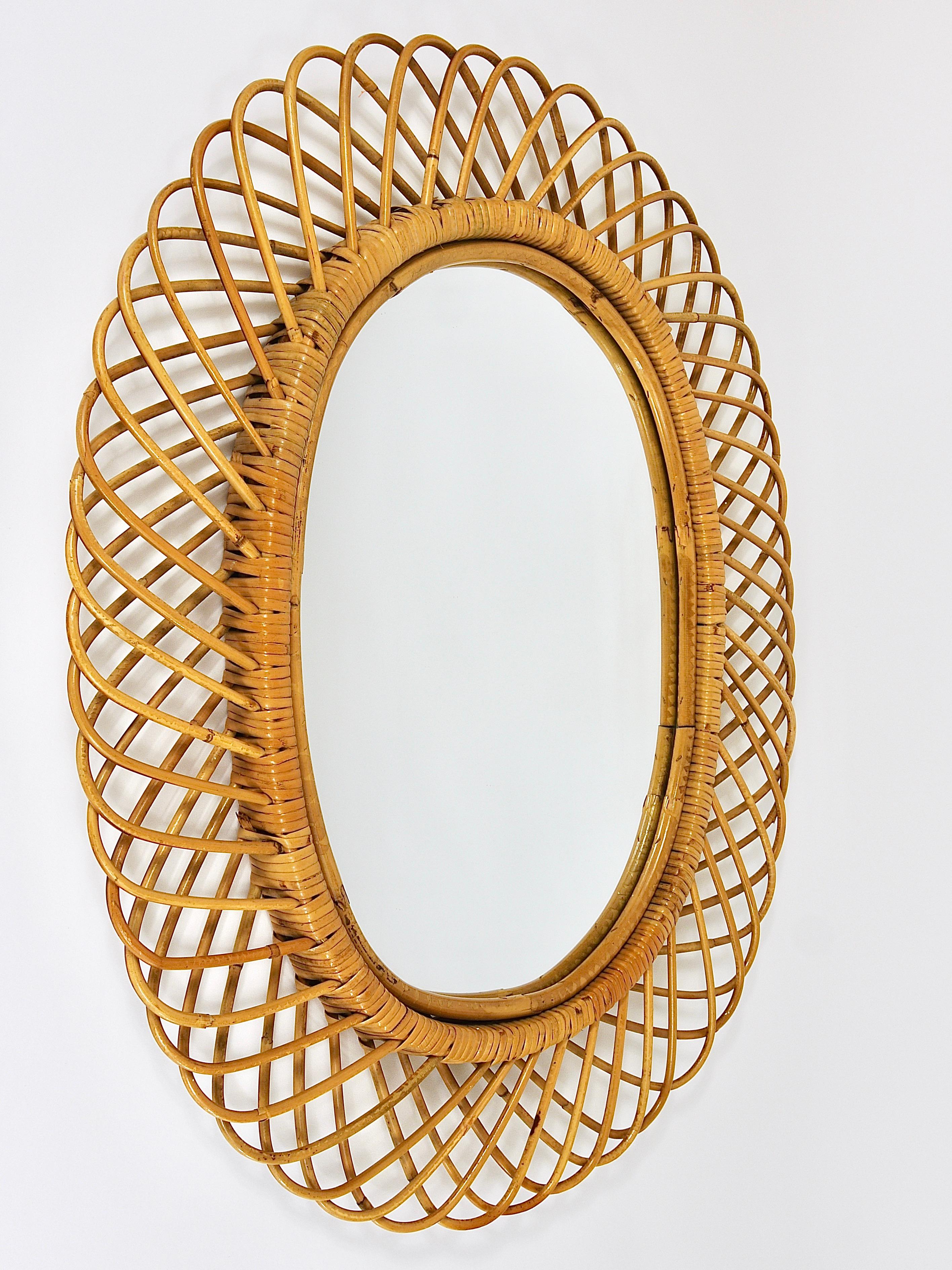 Italian Huge Franco Albini Oval Midcentury Rattan Bamboo Sunburst Wall Mirror, 1950s For Sale