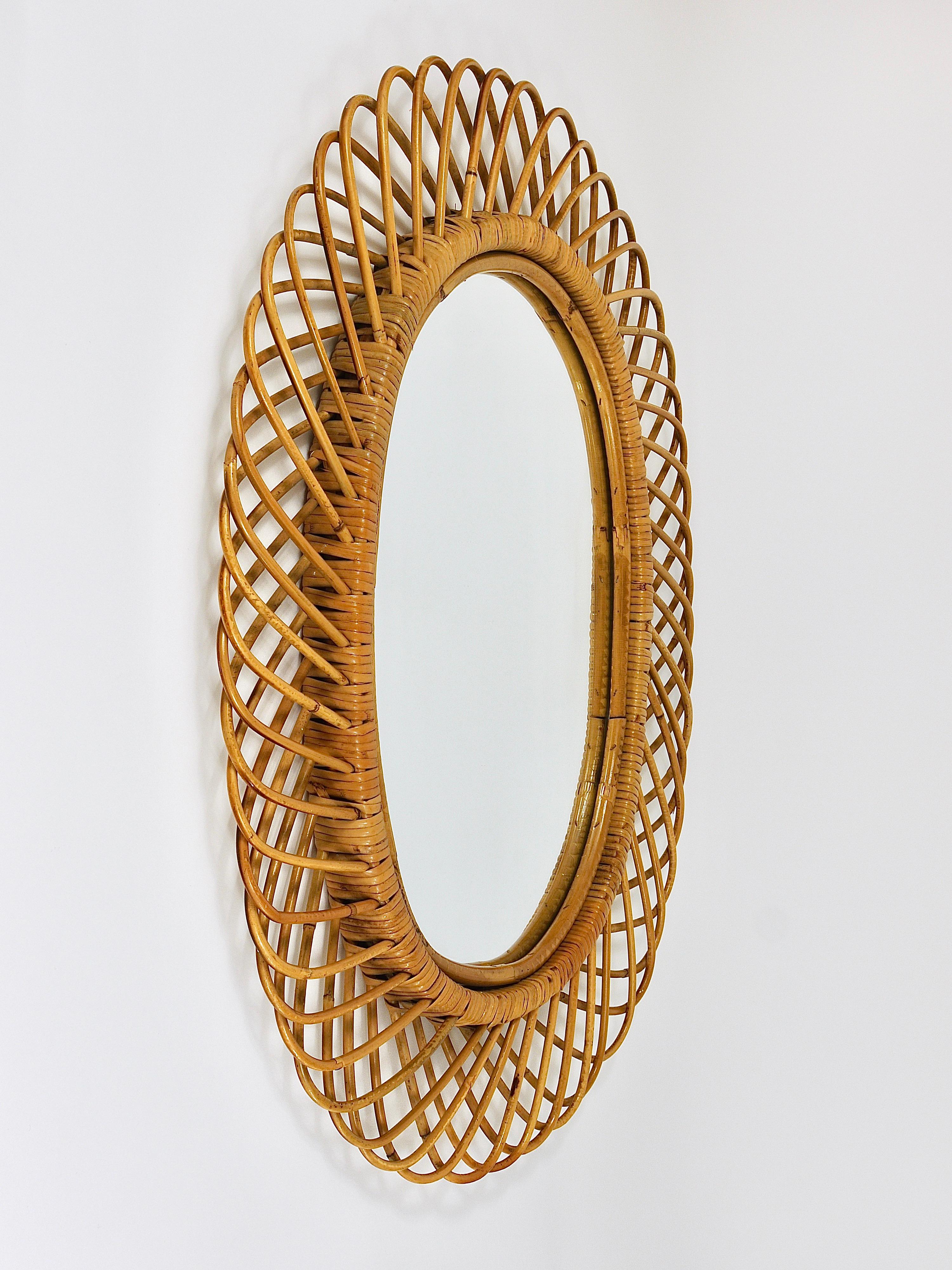20th Century Huge Franco Albini Oval Midcentury Rattan Bamboo Sunburst Wall Mirror, 1950s For Sale