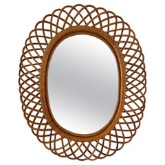 Huge Franco Albini Oval Midcentury Rattan Bamboo Sunburst Wall Mirror, 1950s