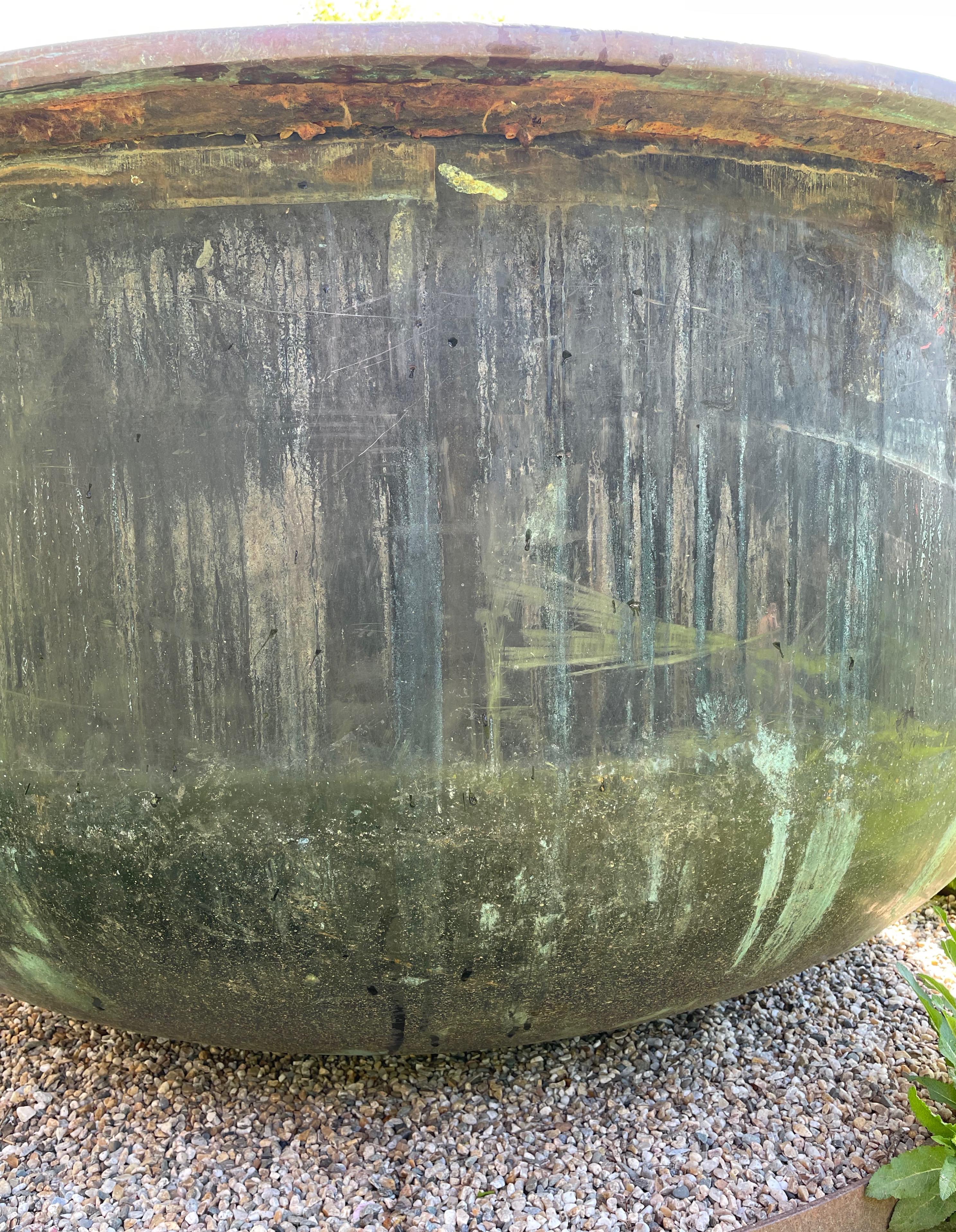 Huge French 19th C Copper Cheese Vat with Natural Blackened Verdigris Patina 4