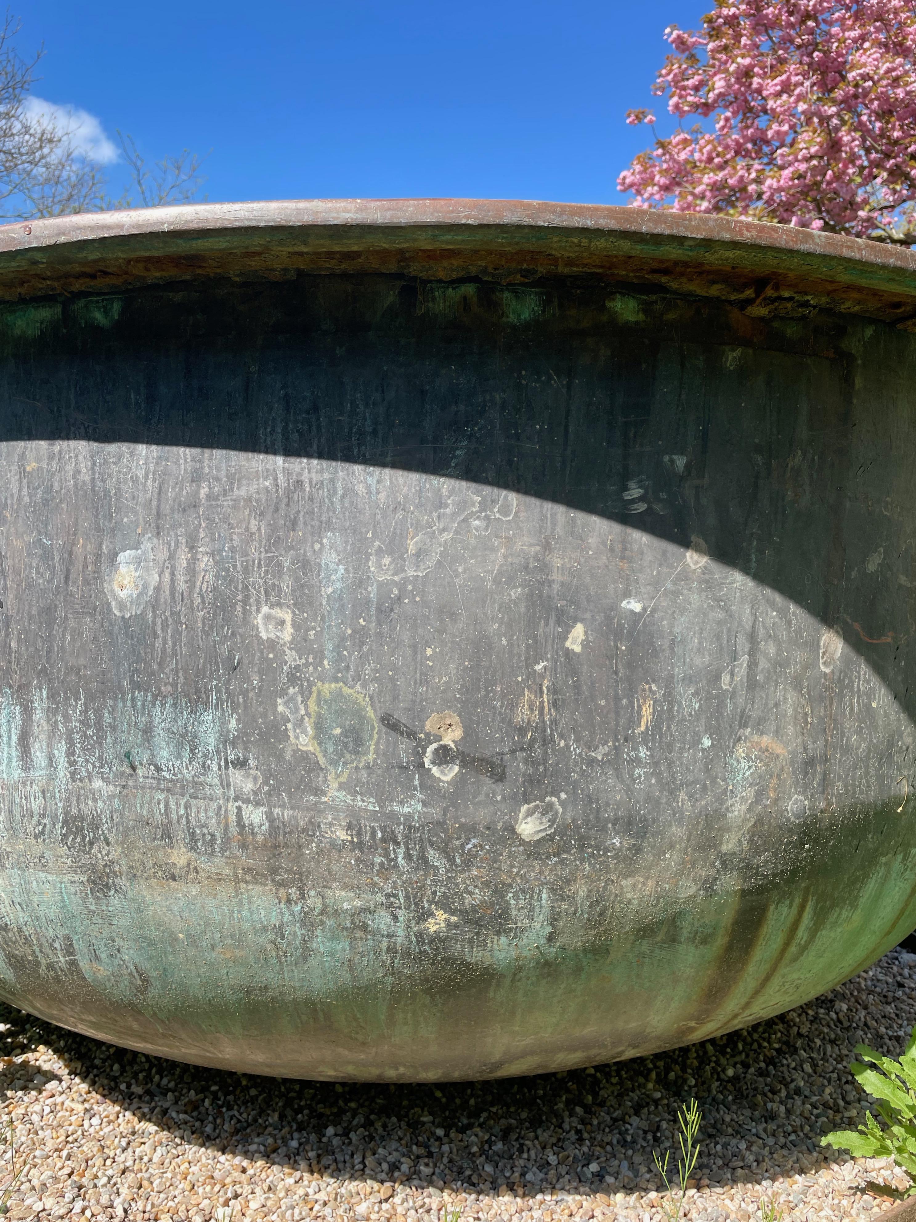 Huge French 19th C Copper Cheese Vat with Natural Blackened Verdigris Patina 1