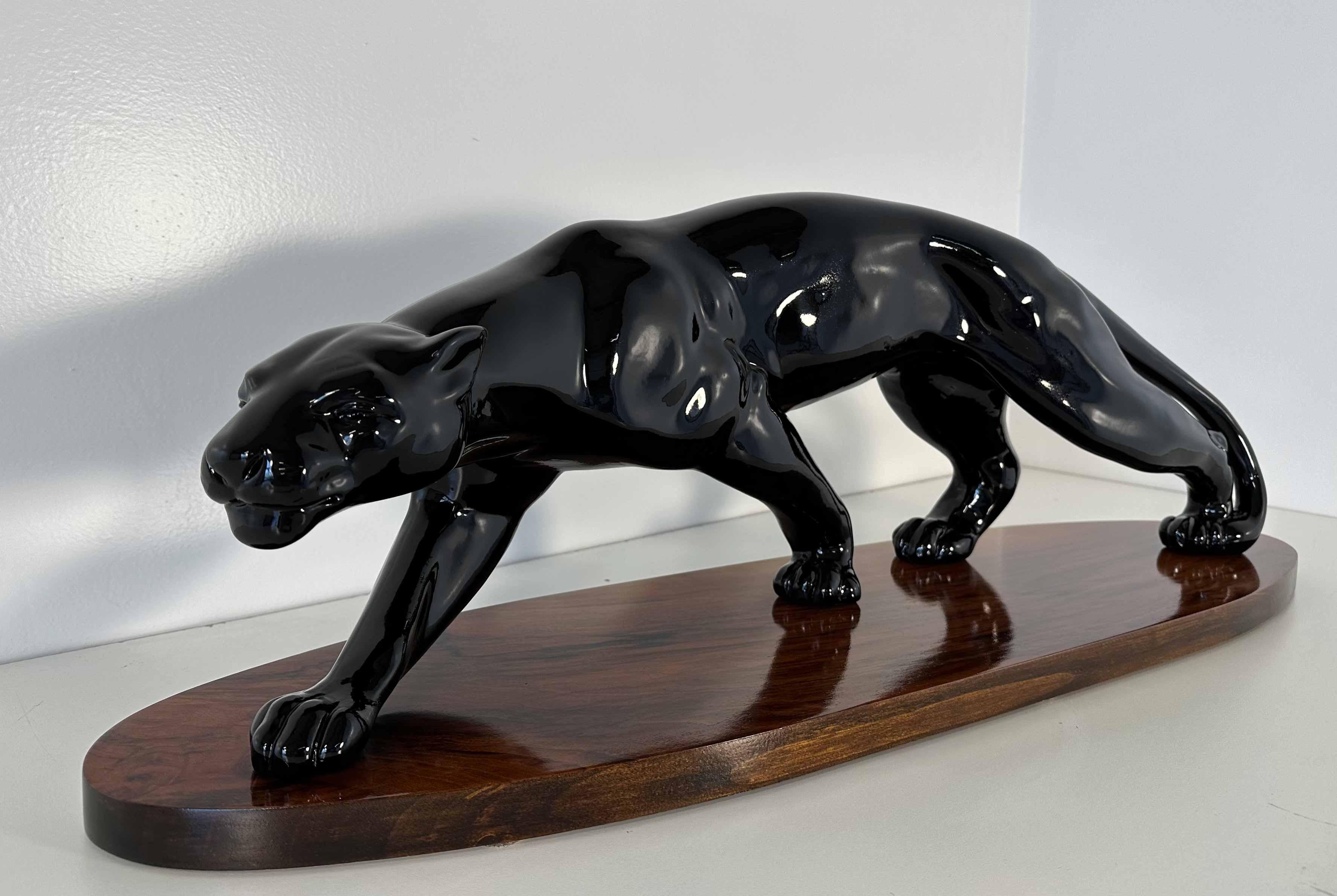 Plaster Huge French Art Deco Black Lacquered Panther, 1930s For Sale