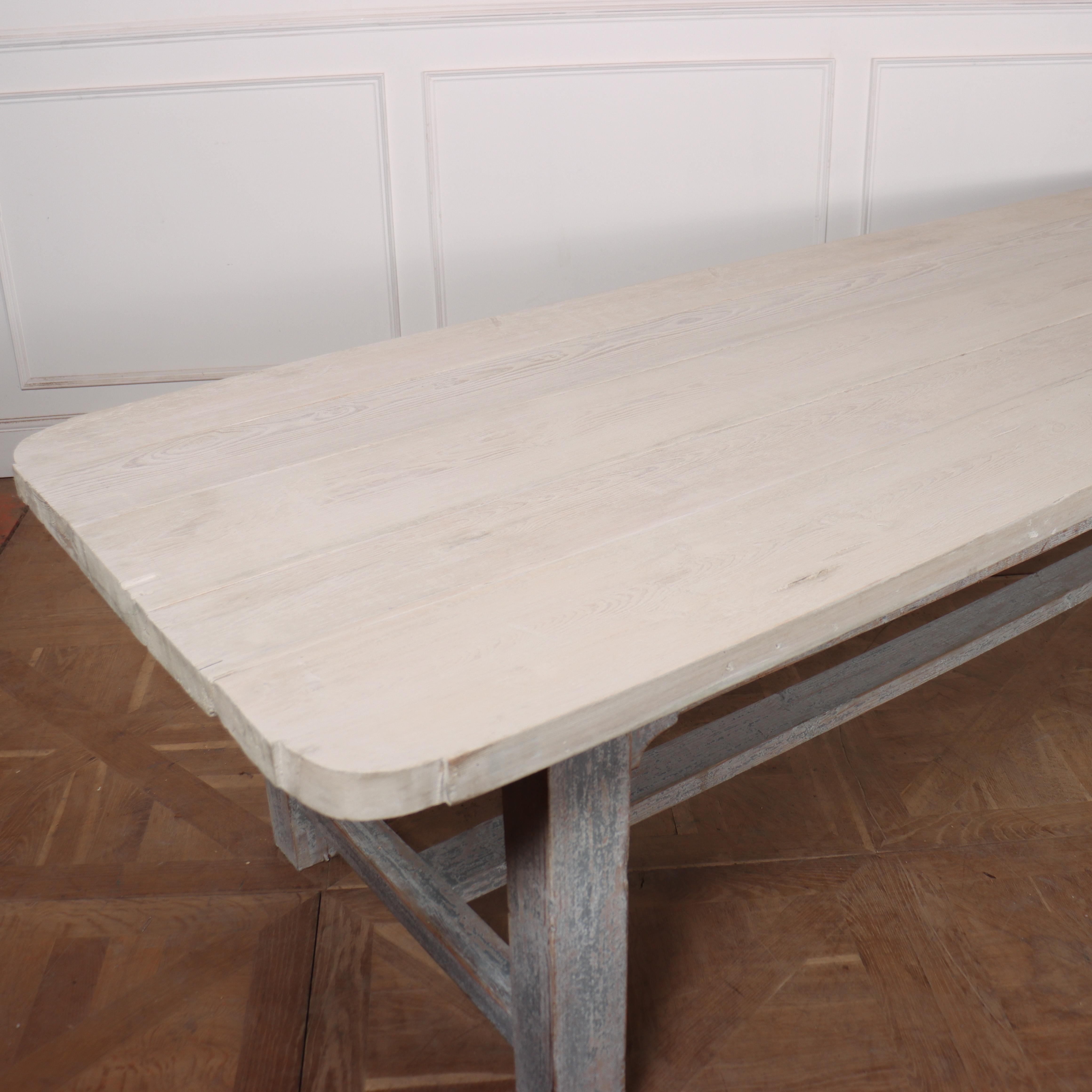 Huge French painted farmhouse table with a thick scrubbed and bleached pine top. 1840.

64.5cm clearance.

Reference: 8107

Dimensions
136.5 inches (347 cms) Wide
41 inches (104 cms) Deep
31.5 inches (80 cms) High