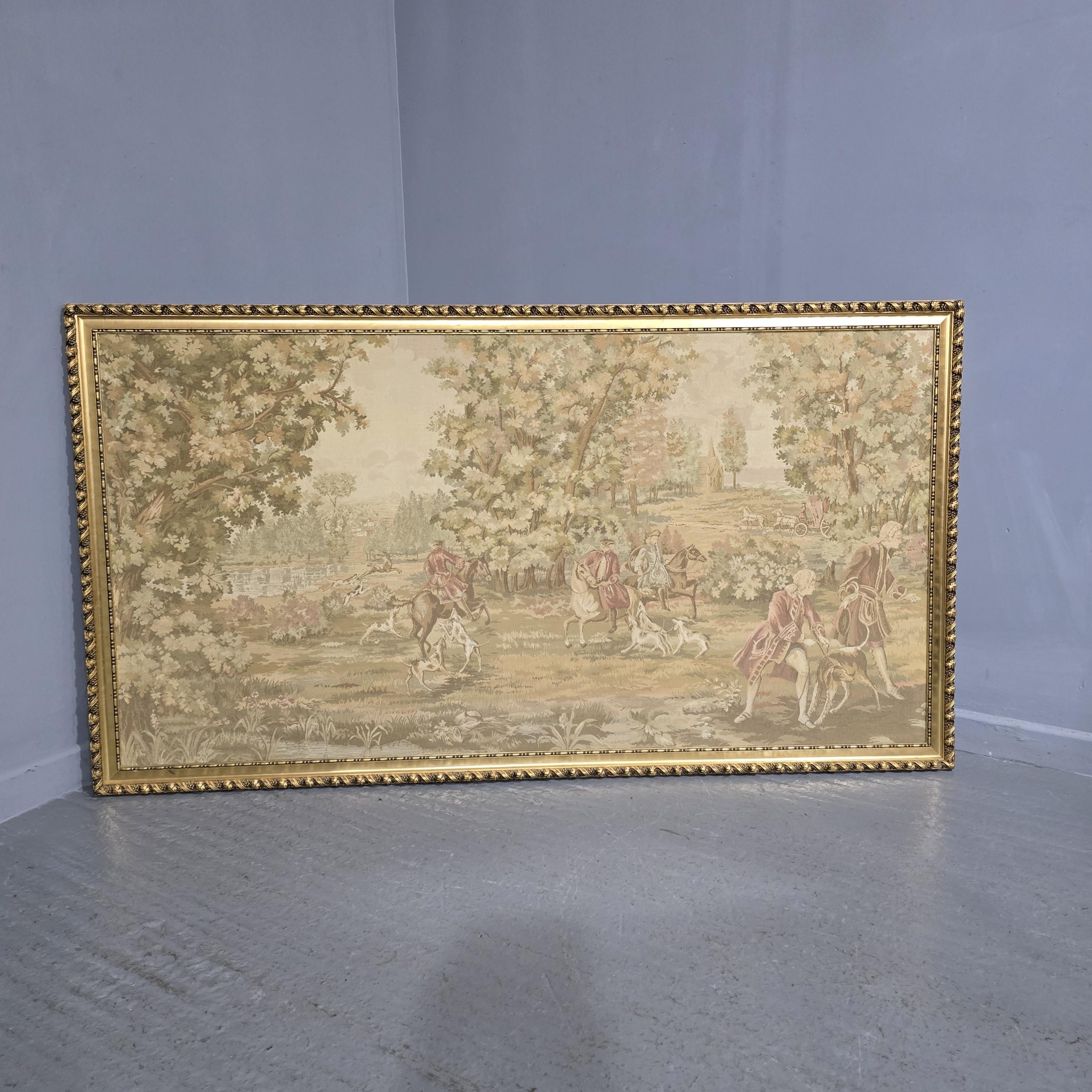 A super and huge French tapestry of a stag hunt, within gilt frame, in excellent overall condition.

42.5