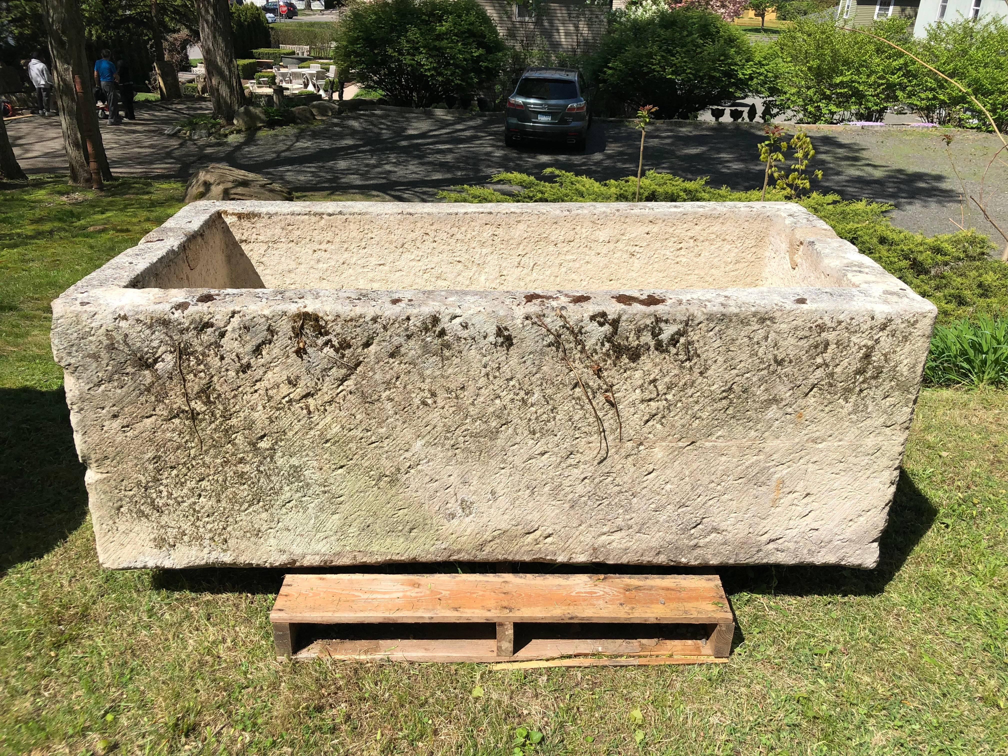 Our most recent buying trip yielded three magnificent and very large troughs, all hand-carved from thick limestone and in excellent condition. This one has darker long side to it, but overall, it has more gray to the coloration than is shown in the