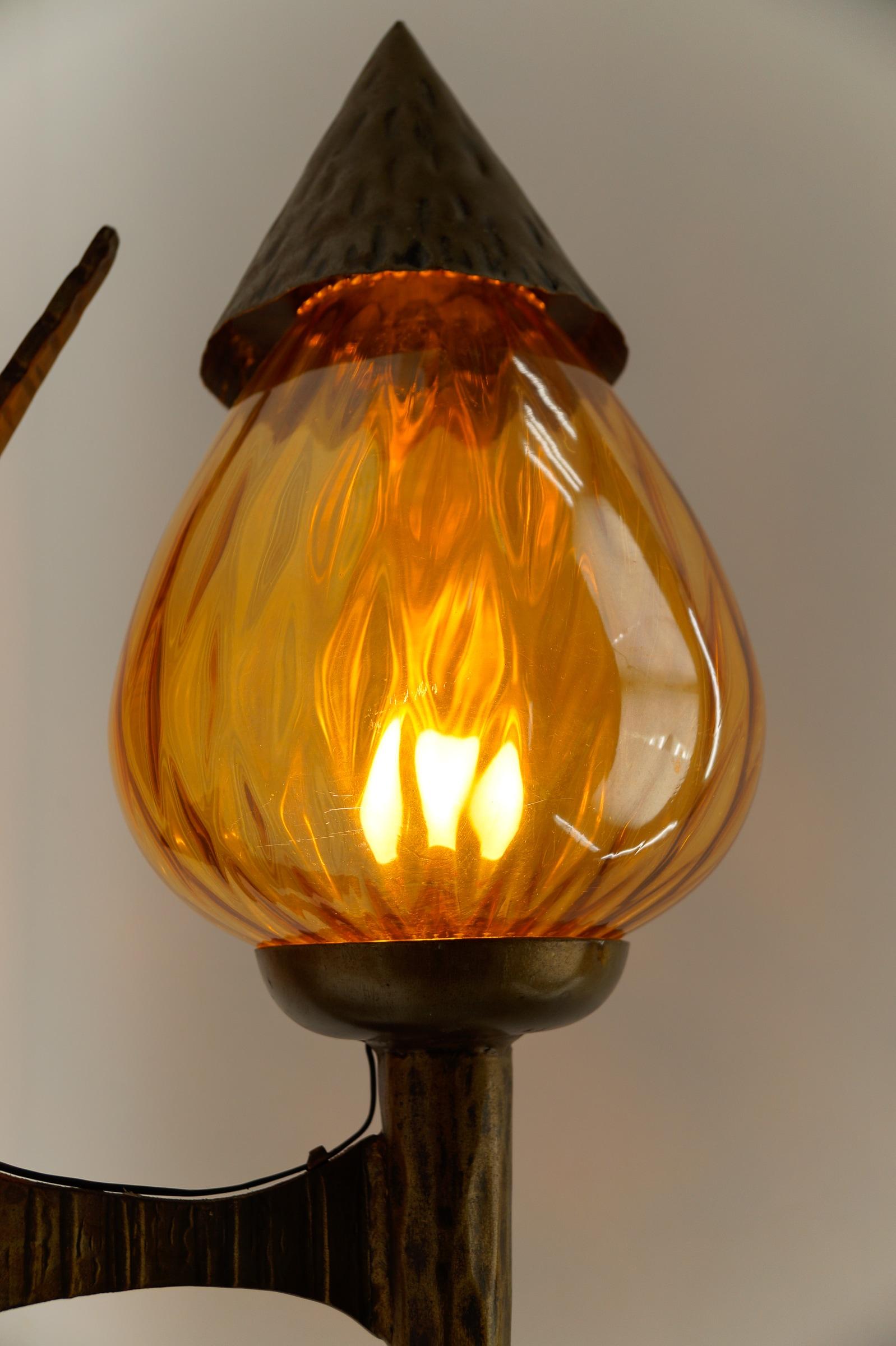 Huge French Hand-Forged Iron and Glass Wall Lamp, 1960s For Sale 4