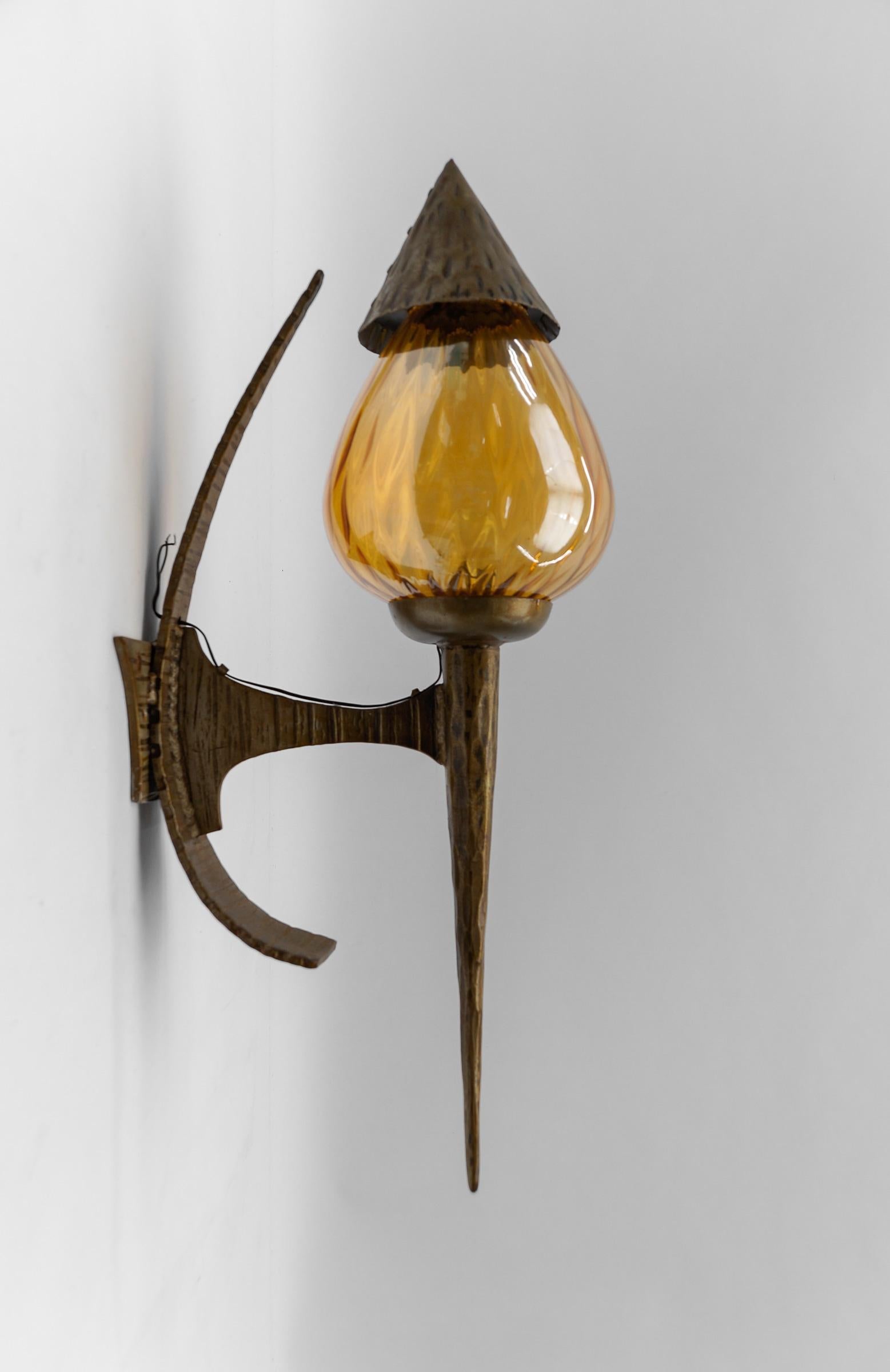 Metal Huge French Hand-Forged Iron and Glass Wall Lamp, 1960s For Sale