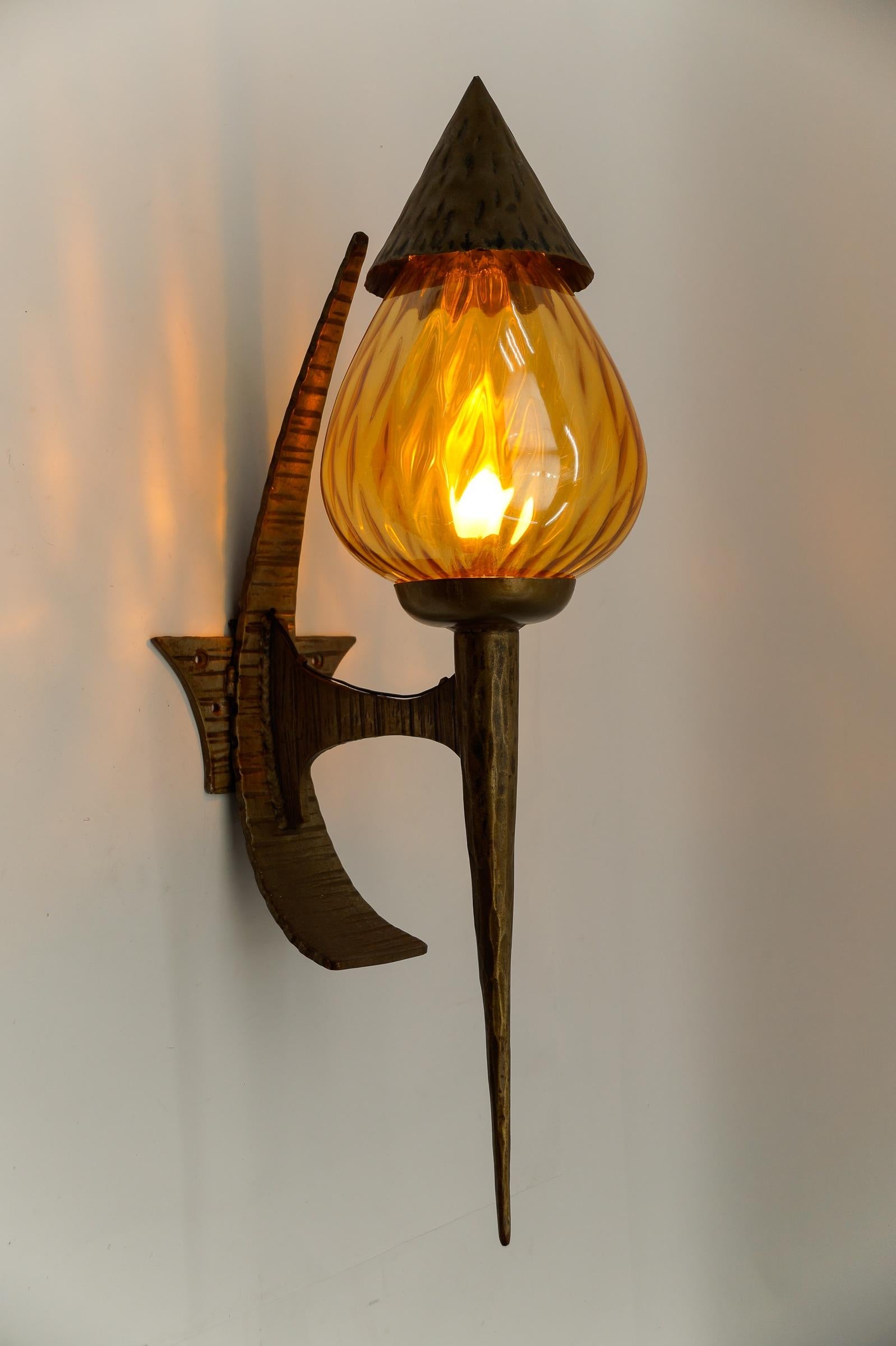 Huge French Hand-Forged Iron and Glass Wall Lamp, 1960s For Sale 1