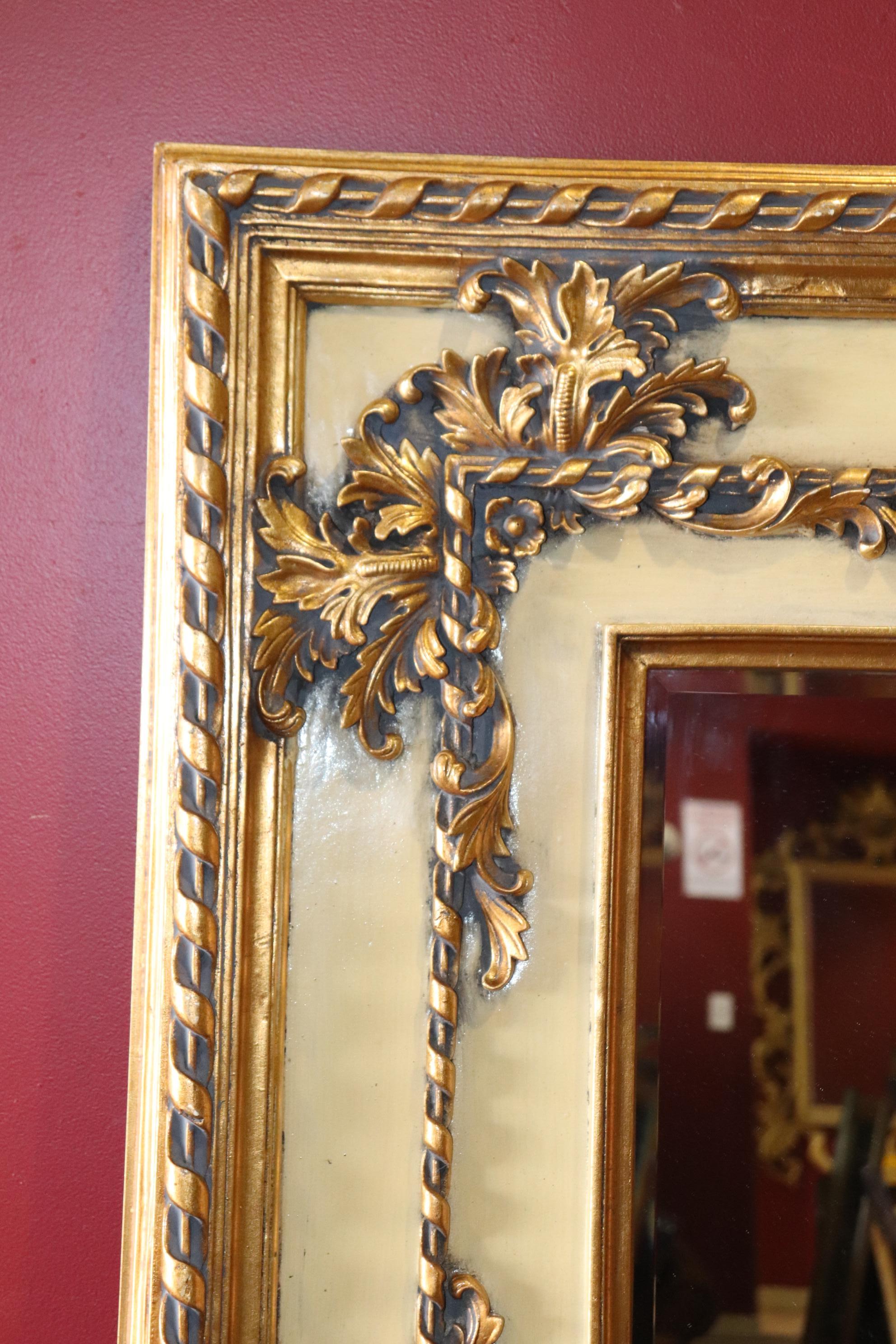 Rococo Revival Huge French Louis XV Creme Painted and Gilded Beveled Rectagular Wall Mirror 