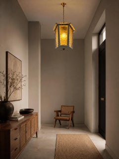 Huge French Midcentury Wrought-Iron, Brass & Art Glass Lantern, 1960s, France