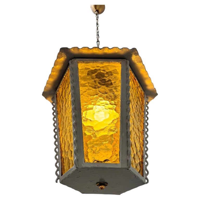 Huge French Midcentury Wrought-Iron, Brass & Art Glass Lantern, 1960s, France