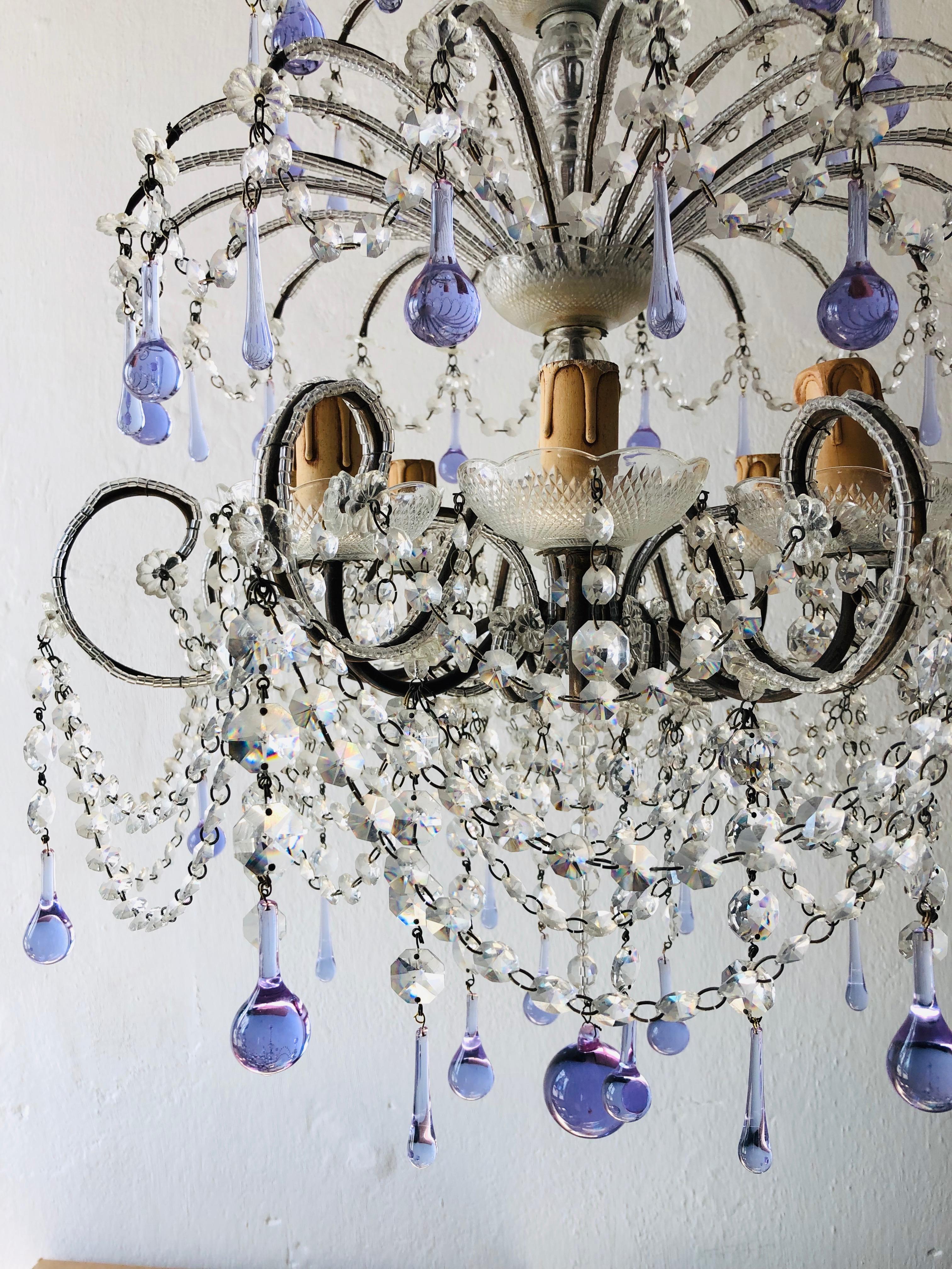 Huge French Murano Lavender Drops and Crystal Swags Chandelier, circa 1920 7