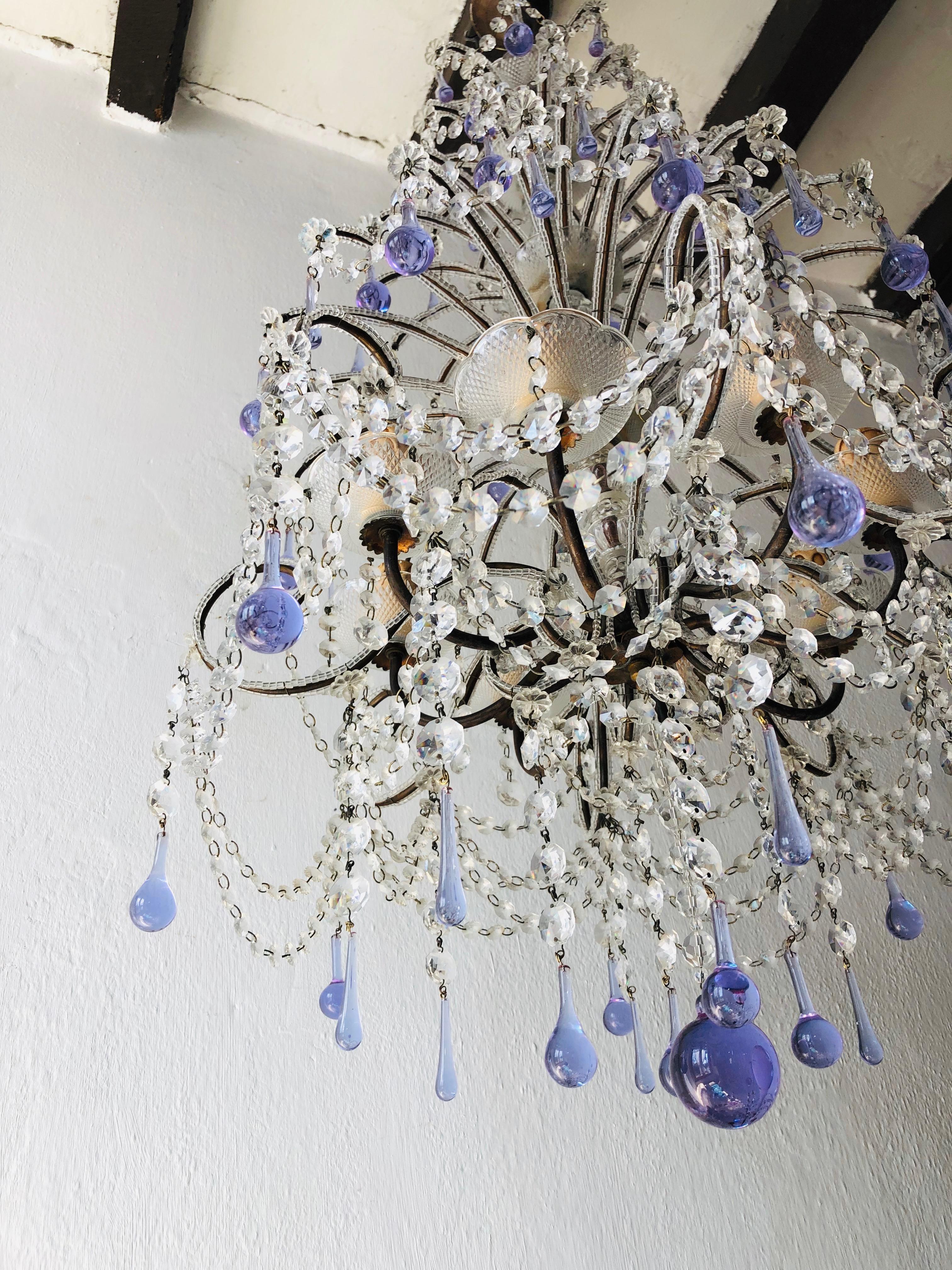 Huge French Murano Lavender Drops and Crystal Swags Chandelier, circa 1920 8